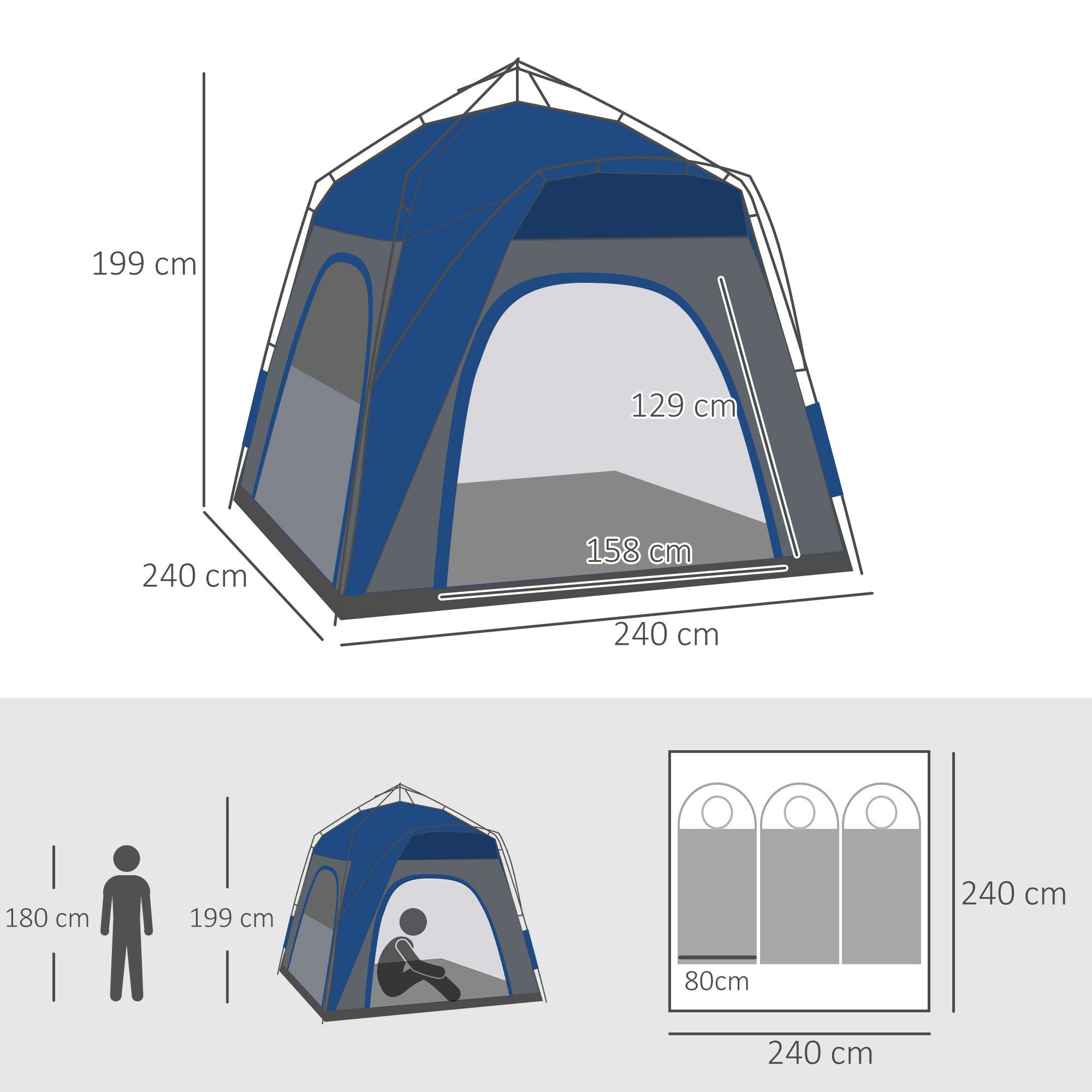 Outsunny Kuppelzelt Pop Up mit Haken mit 1000mm Wassersäule Zelt, Personen: 3 (UV 50+ Pop Up Campingzelt, 1 tlg., Familienzelt), für Camping Reise Trekking Garten