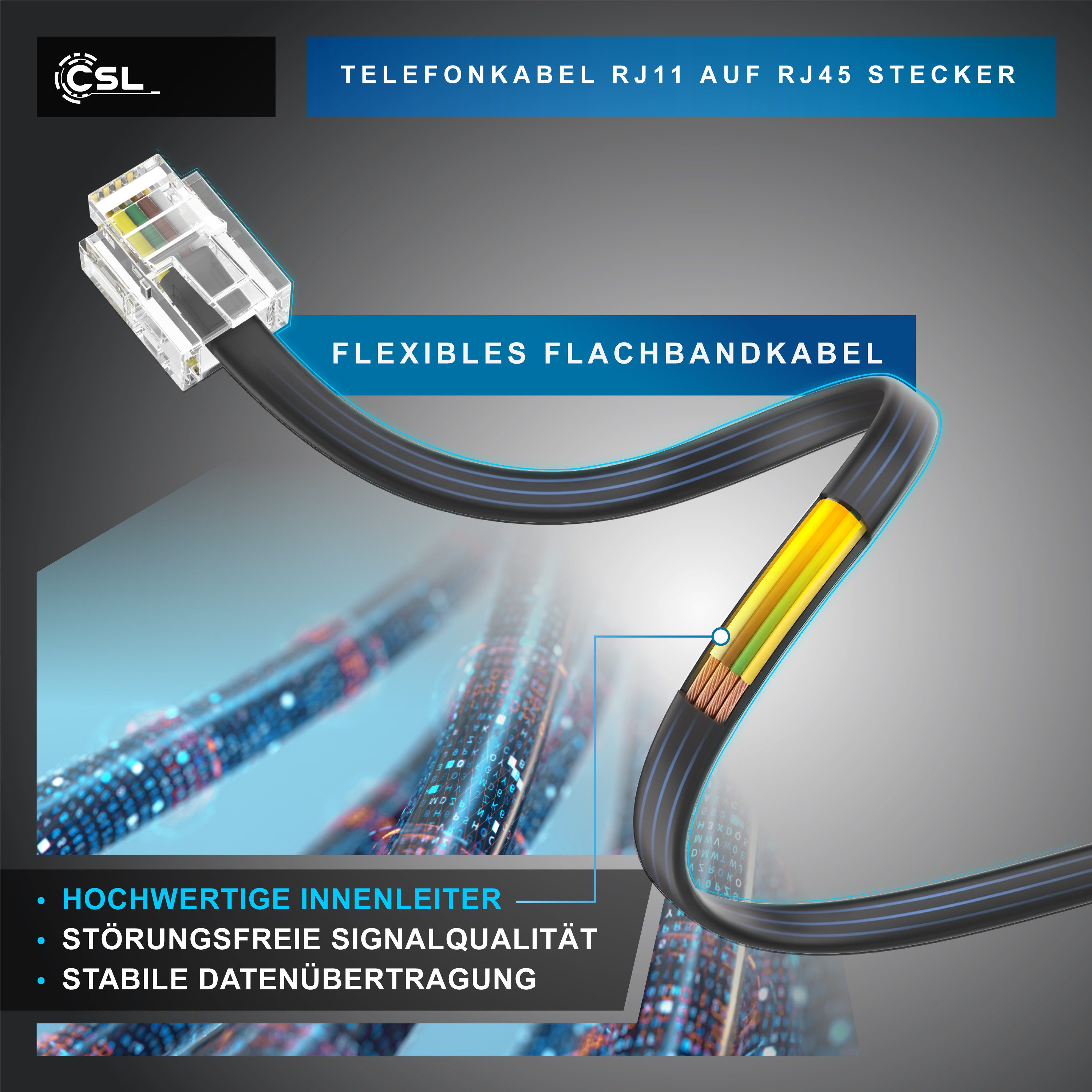 CSL Flachkabel RJ45 zu RJ11, Router zu Telefon Fax Anrufbeantworter 0,5 m Telefonkabel, RJ45, RJ-11 (50 cm), Modularkabel, Telefonanschlusskabel, Modem, DSL, VD – Bild 4 von 5