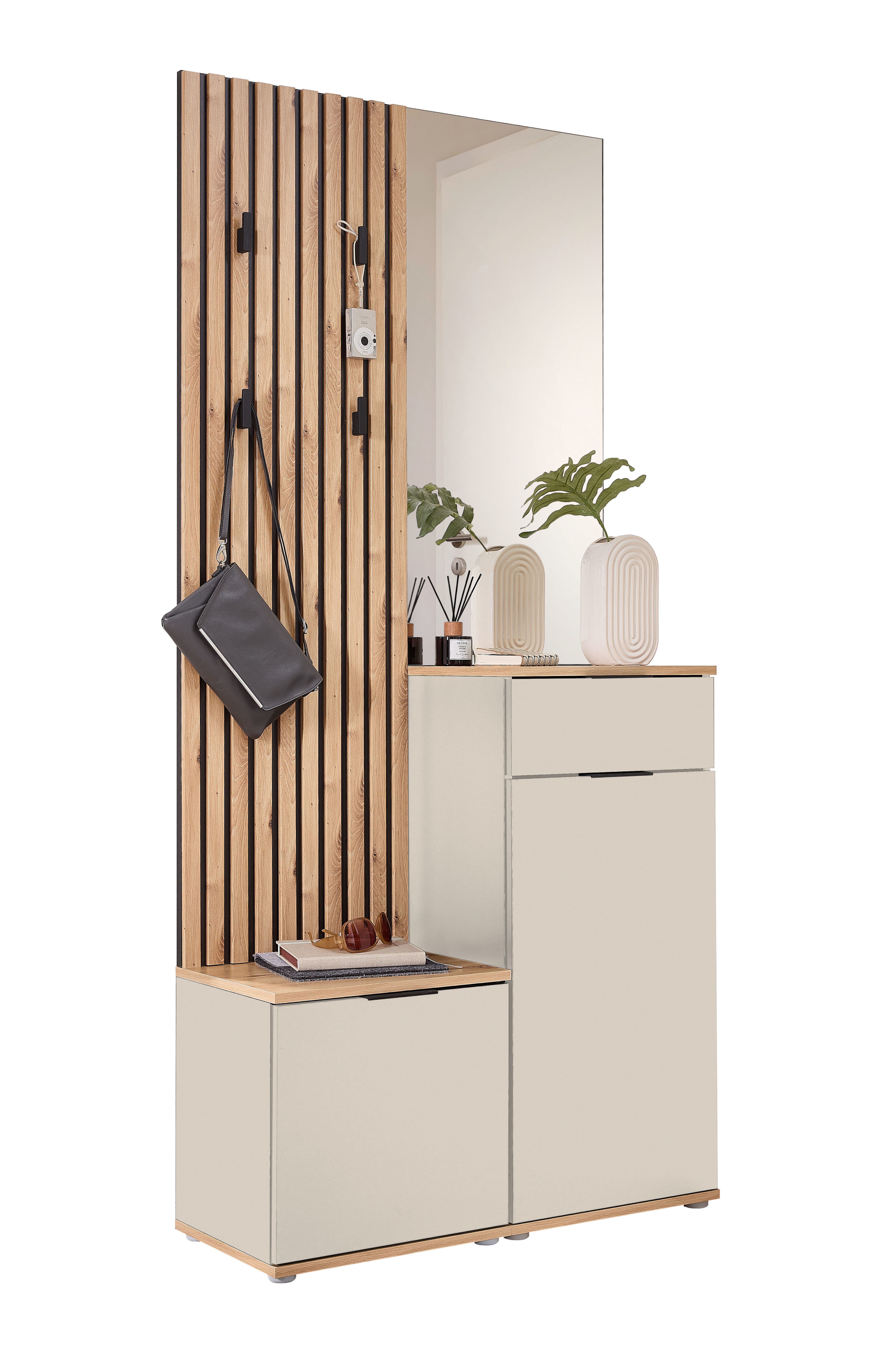 moebel-dich-auf Kompaktgarderobe EASY (Paneel + Bank + Spiegel + Schuhschrank, in 2 Farbvarianten, Lamellenoptik) 88 cm breit