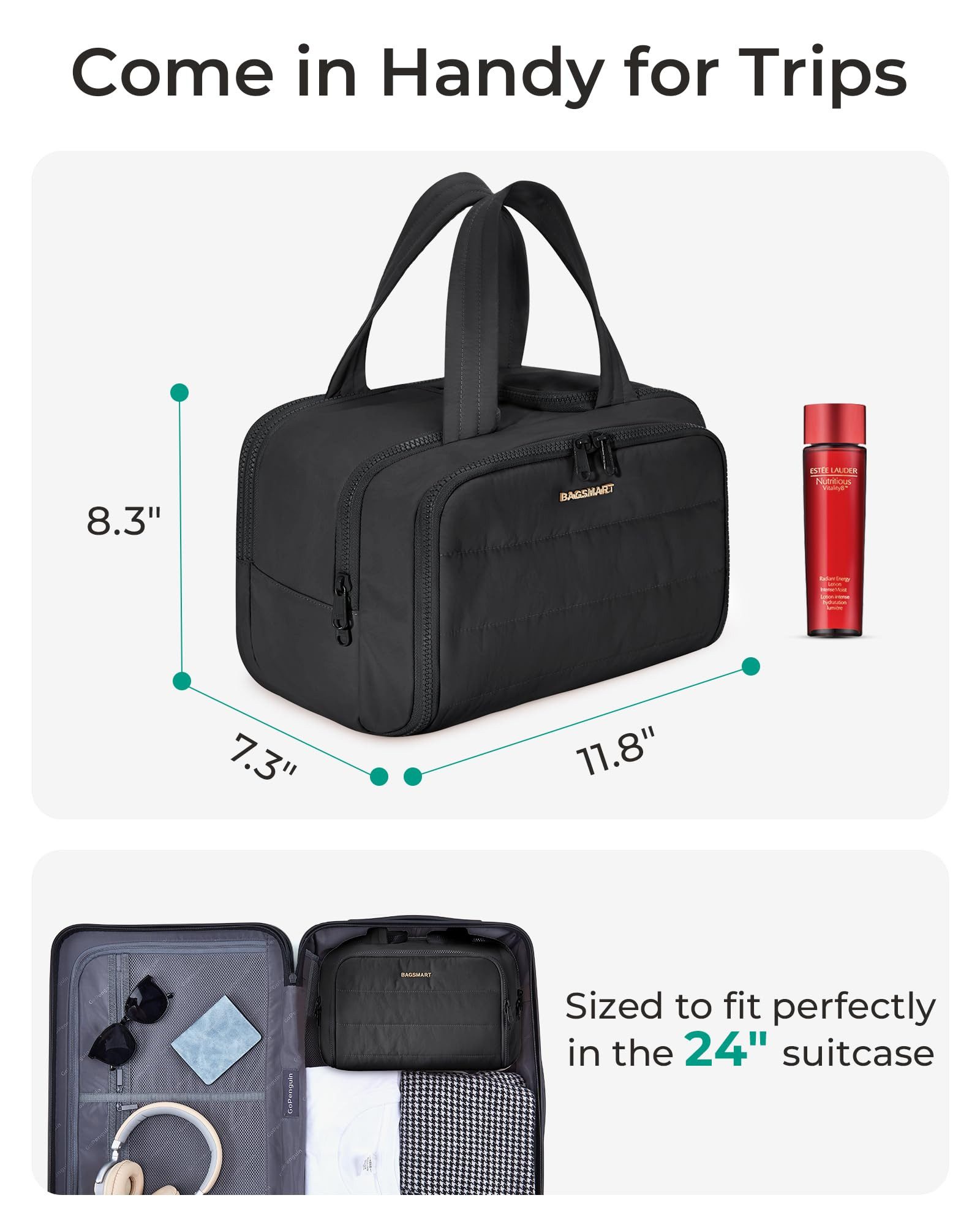 Forrlite Kofferorganizer Reise Kulturtasche Damen Große,Weit Offene Reise-Kulturbeutel (Kosmetiktasche Make up Organizer mit Griff für Zubehör), Essentials,Toilettenartikel, Schwarz