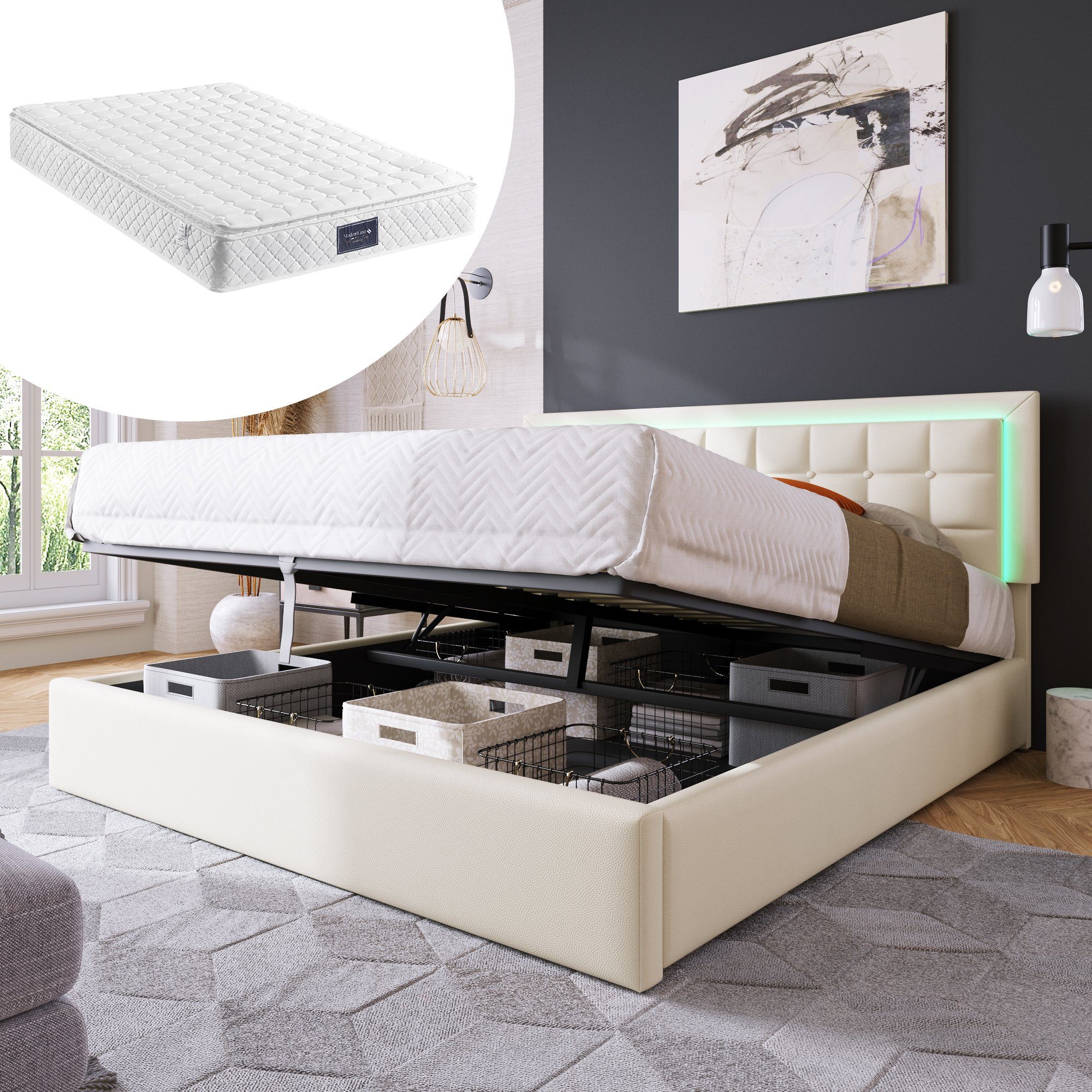 Odikalo Stauraumbett Polsterbett Doppelbett Lattenrost LED günstig online kaufen