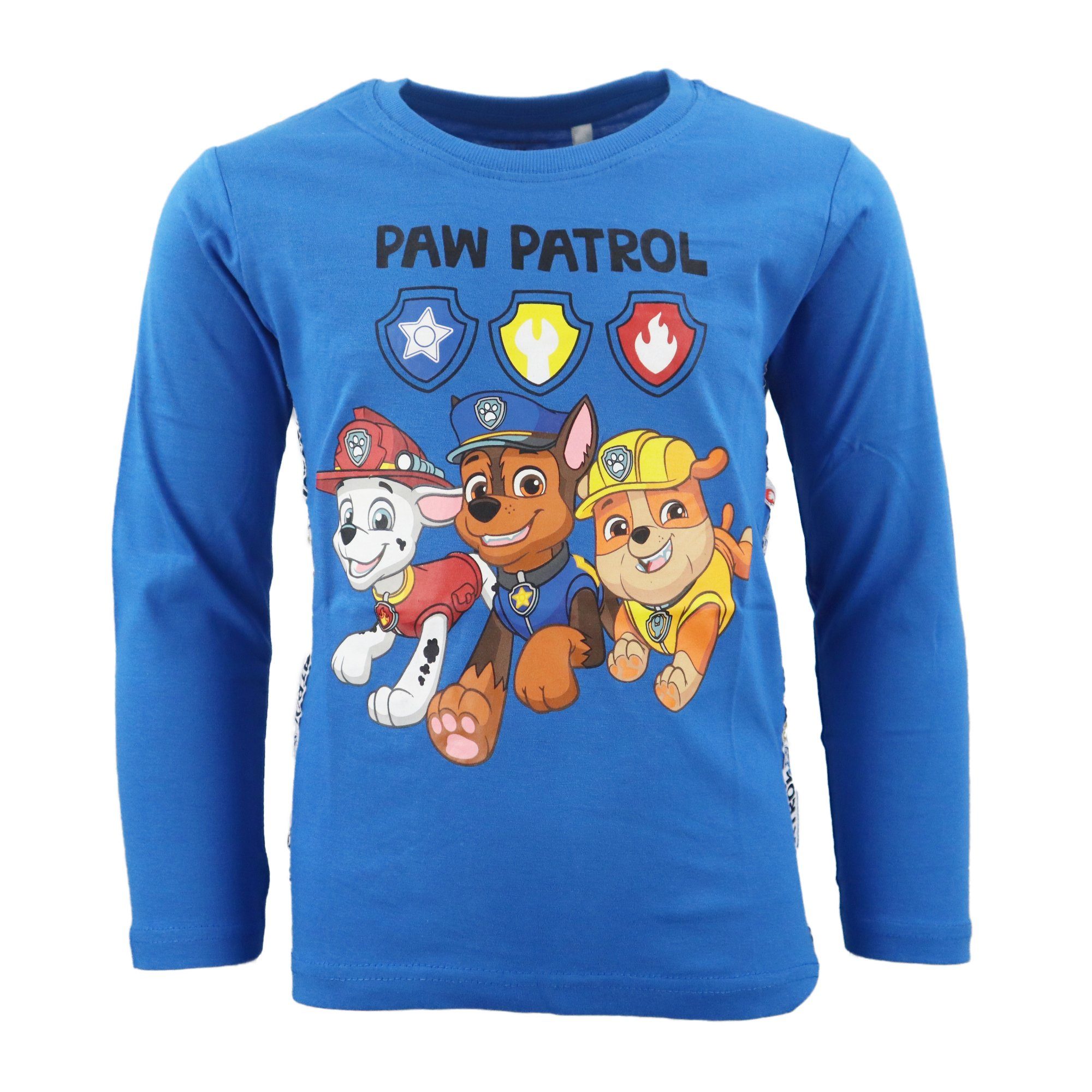 PAW PATROL Langarmshirt Paw Patrol Chase Marshall Kinder Shirt Gr. 98 bis 128, 100% Baumwolle Blau