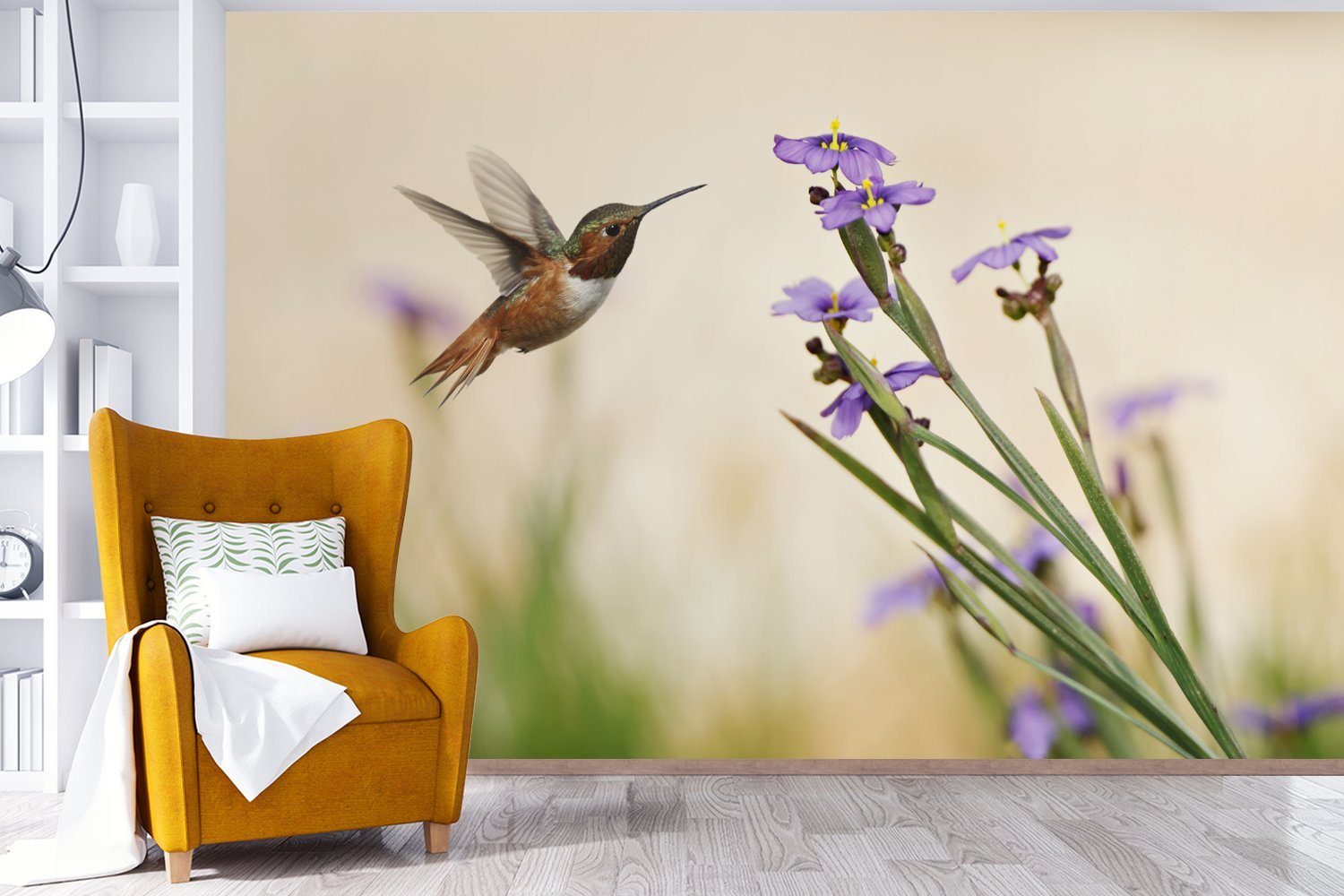 Kolibri Lila, Wohnzimmer, Matt, bedruckt, Fototapete St), Blumen - - Schlafzimmer, Vogel MuchoWow Vinyl (6 Kinderzimmer, Tapete für - Wallpaper