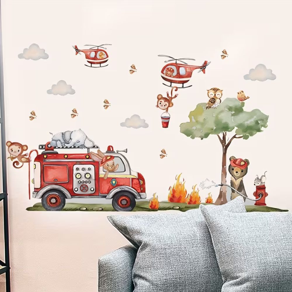 Montegoni Wandsticker Cartoon Feuerwehr Wandsticker, selbstklebend, Kinderzimmerdeko, Selbstklebend und wiederverwendbar, leicht anzubringen