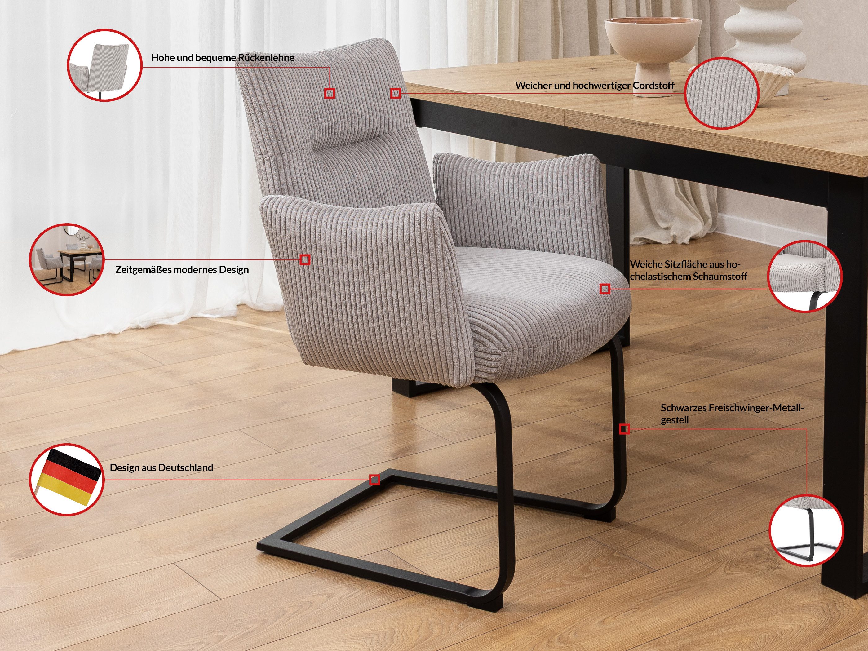 S-Style Möbel Polsterstuhl 2er Set Hera aus grauem Cord mit Freischwinger-Gestell aus Metall – Bild 4 von 5
