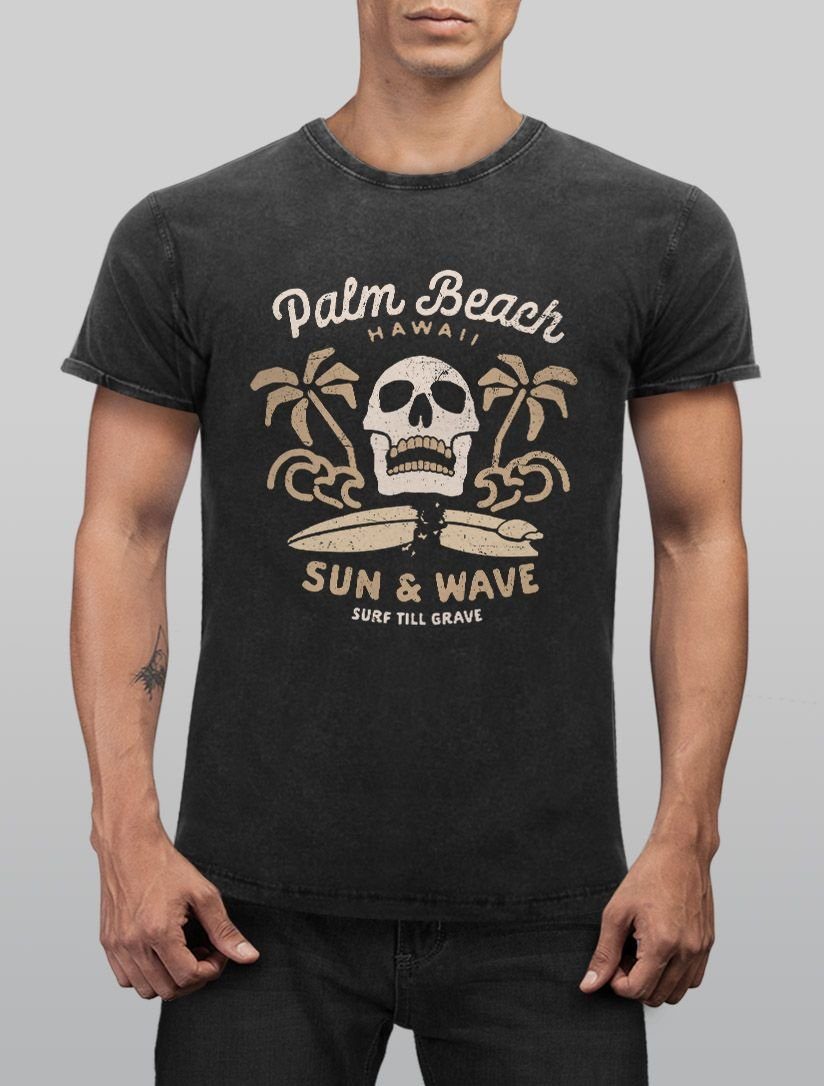 Neverless schwarz Print-Shirt Print mit Totenkopf Vintage Shirt Surf-Motiv Neverless® Beach Palm T-Shirt Herren