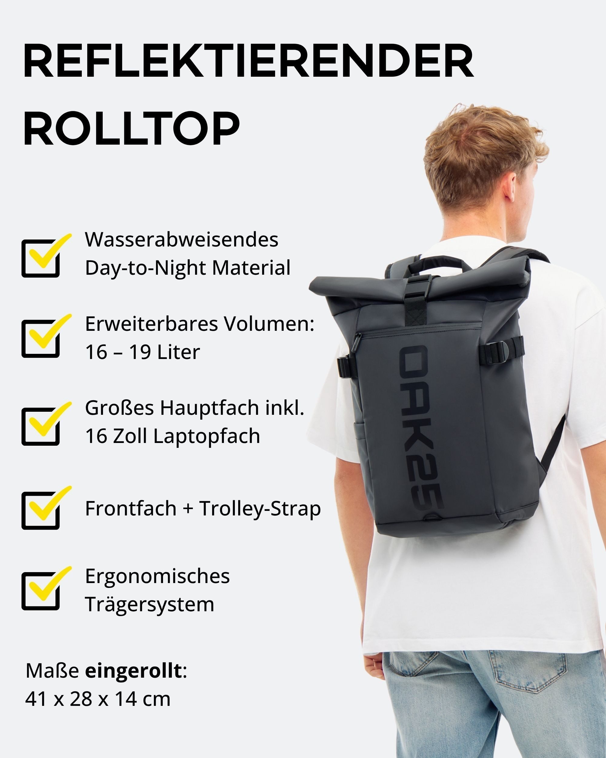 OAK25 Cityrucksack Luminite Rolltop Lite Rucksack reflektierend (1-tlg), Roll Top Backpack mit Laptopfach bis 16 Zoll, wasserabweisend