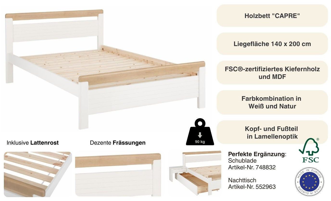 OTTO home Massivholzbett "CAPRE" im skandinavischem Landhausstil, mit Rollrost, aus zertifiziertem Massivholz, Lamellenoptik