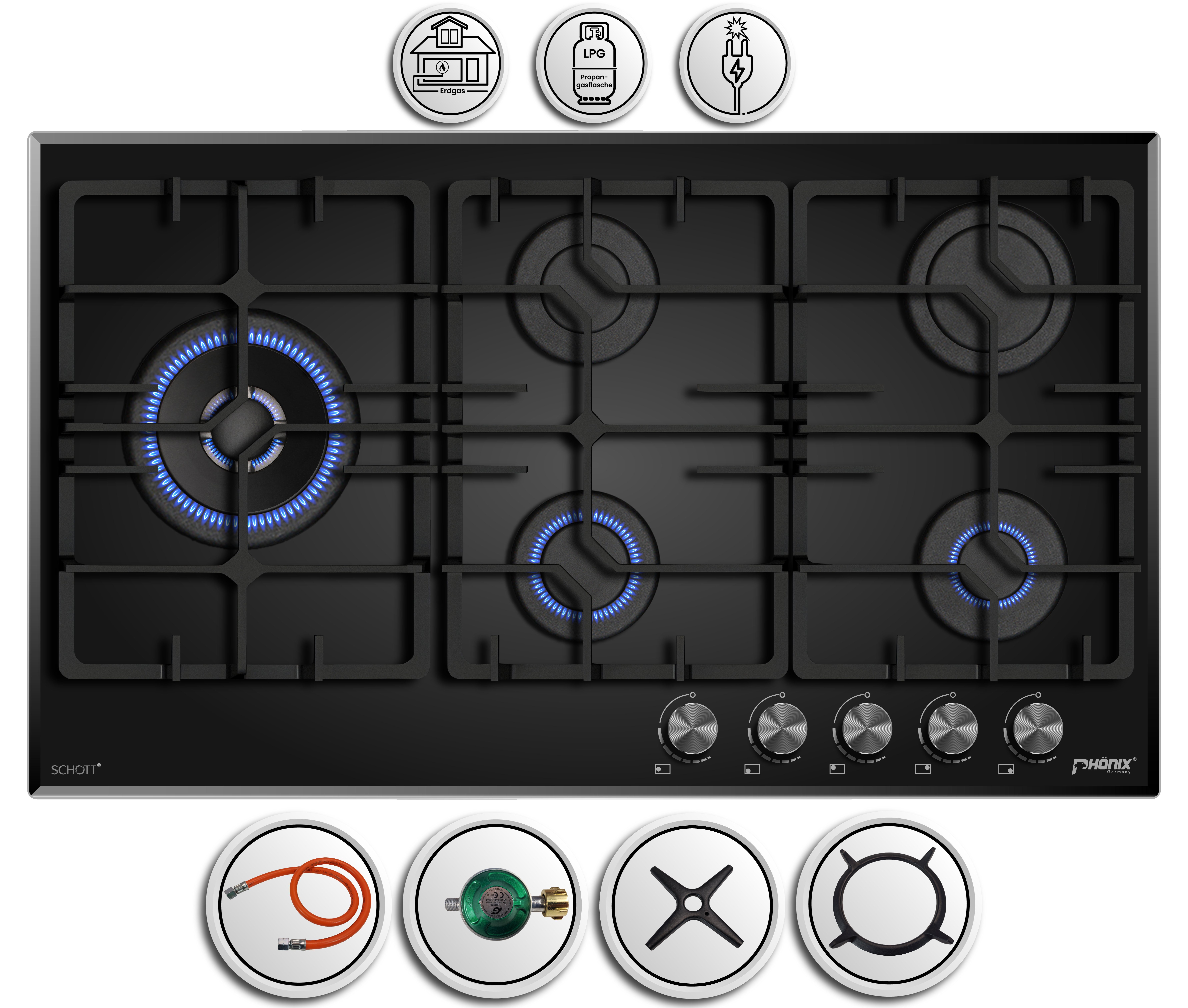 Phönix Germany Gas-Kochfeld PG-905L, Gaskocher 5 flammig mit Zündsicherung, Propan- / Erdgas, H-Gas