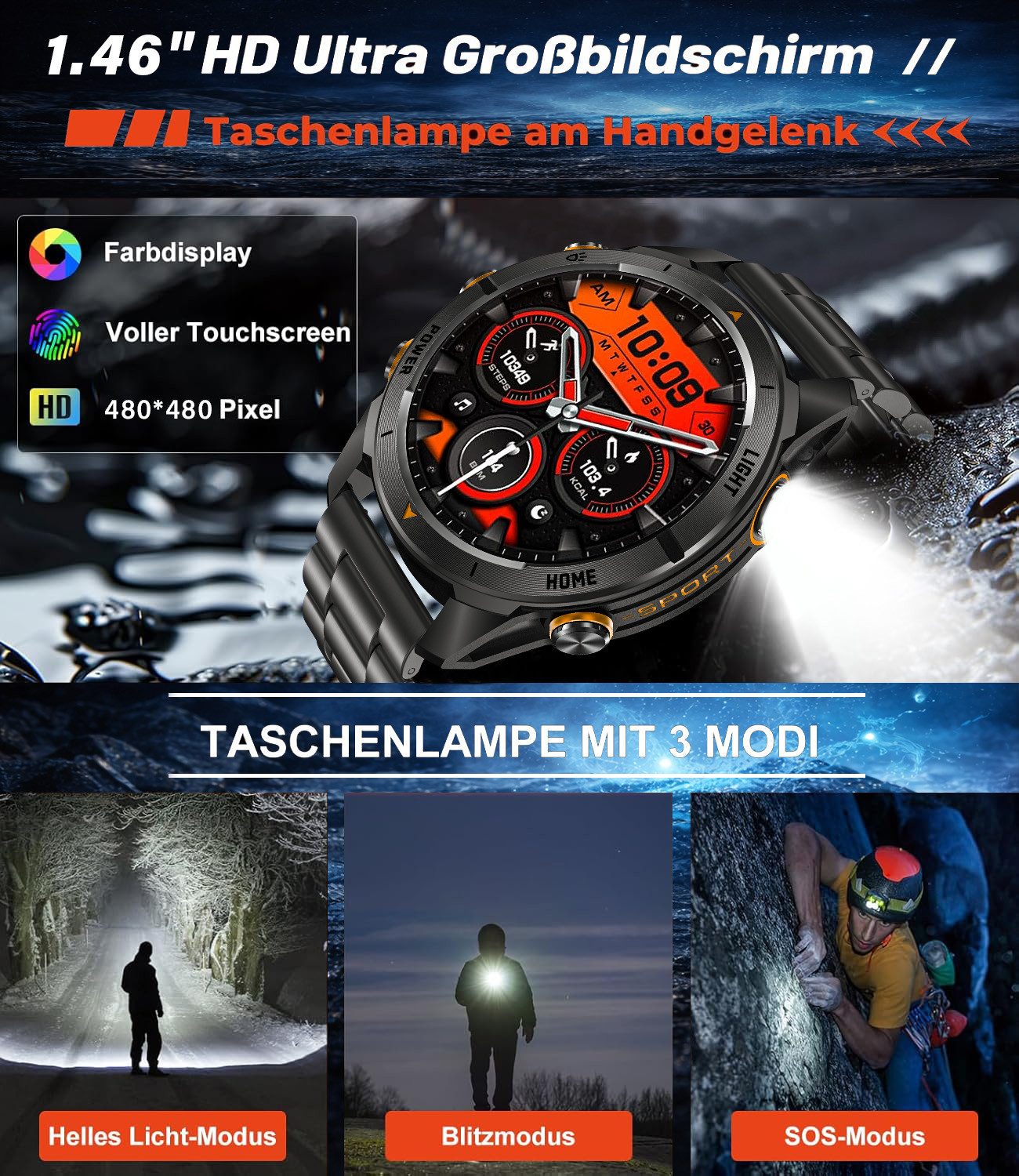 SWGOTA Smartwatch Herren Militär mit 1000mAh großer Akku 1,46" AMOLED-Display Smartwatch, Fitnesstracker mit 100+ Sportmodi/Herzfrequenz/Blutdruck/SpO2, Fitnessuhr Herren für Android iOS mit Schlafüberwachung