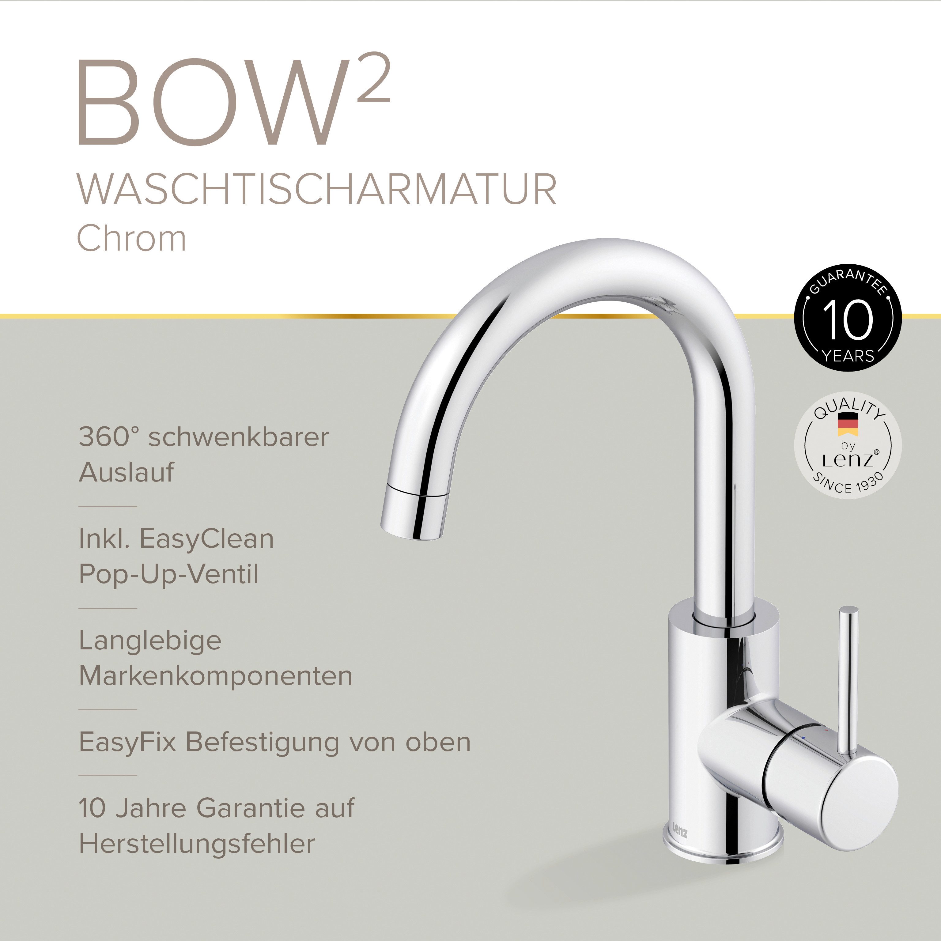 Lenz Waschtischarmatur BOW2 (Armatur mit Pop-Up-Ventil) EasyFix Befestigung