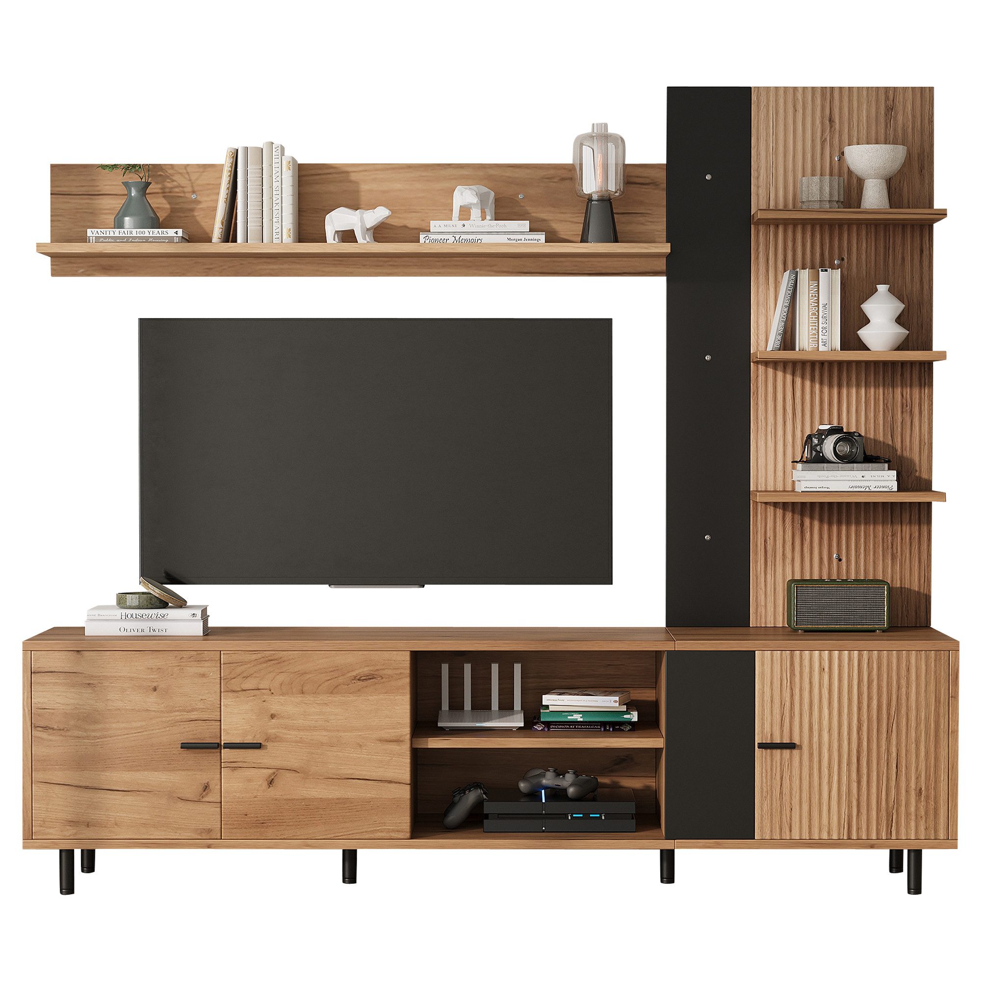 Merax Wohnwand mit Vitrine & Regal, in Holzoptik & Schwarz, (3-St), Mediawand mit 3 Schränken und offenen Regalböden