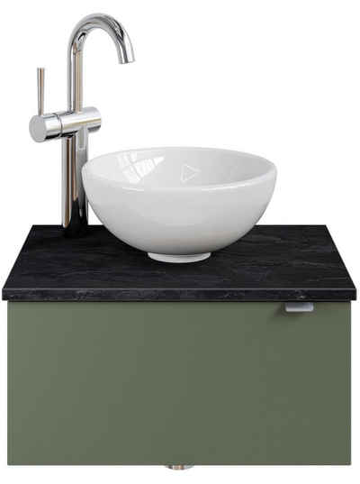 Saphir Waschtisch Serie 6915 Waschschale mit Unterschrank für Gästebad, Gäste WC (3-St., Keramik-Aufsatzbecken, Waschtischplatte, Waschtischunterschrank), 51 cm mit Keramik-Aufsatzbecken und 1 Tür