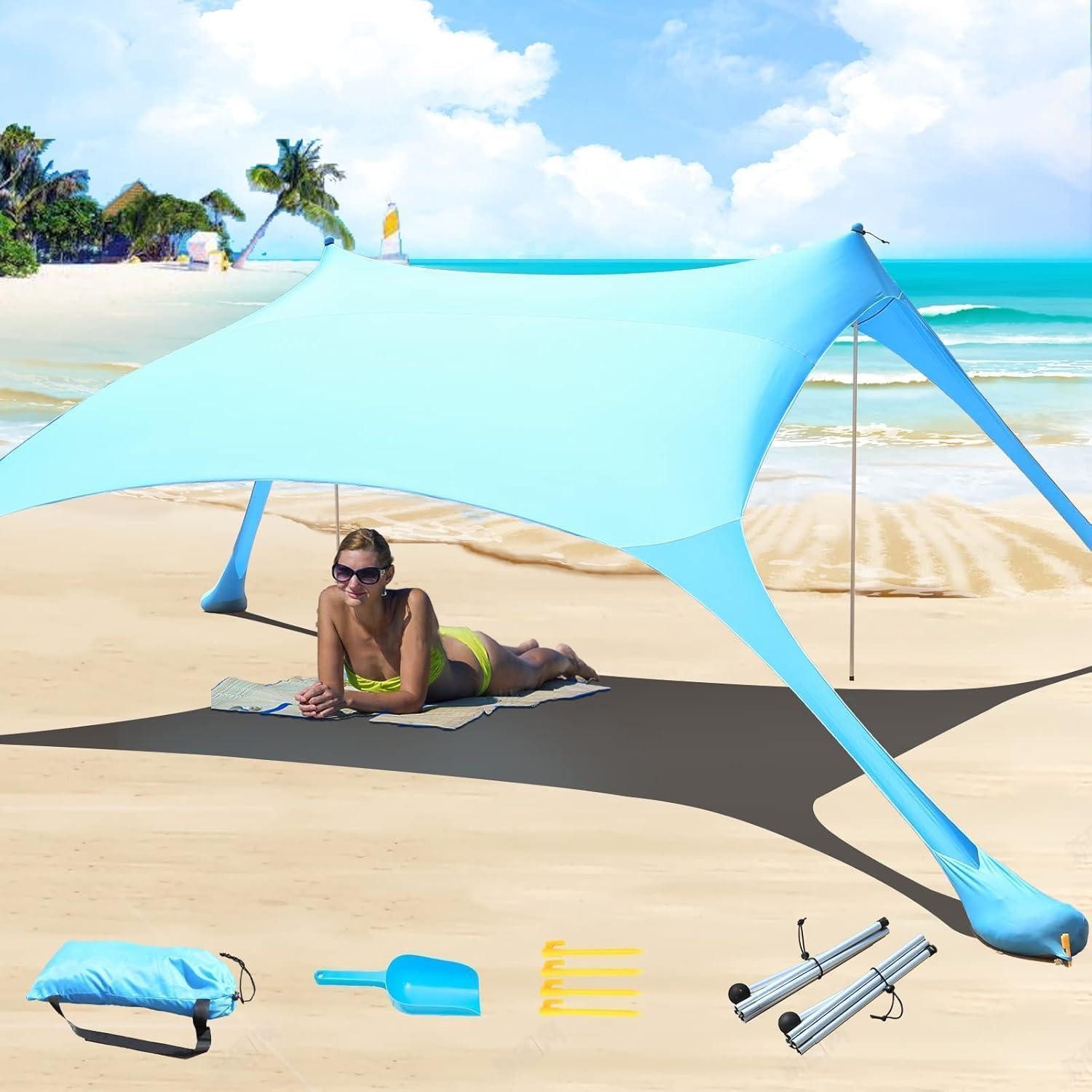 Strandmuschel Strandzelt Pop-Up Lycra 2x2.1m Blau Sonnenschutz UPF 50