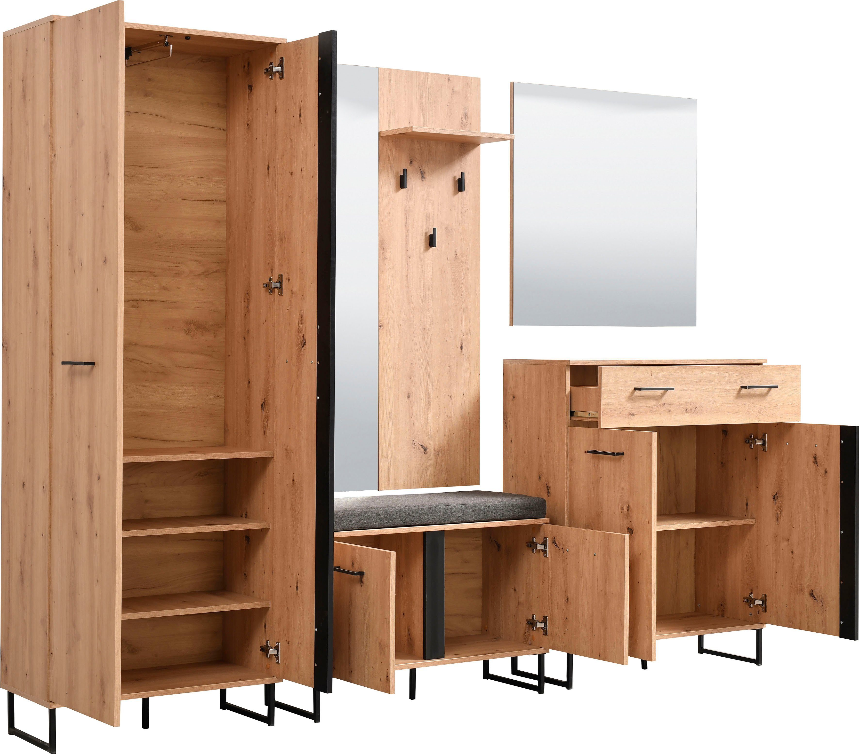 Home affaire Garderoben-Set Sardinia 5-teiliges Set mit Spiegel in Eiche mit schwarzen Elementen, (Set, 5-St., Garderobenschrank, Schuhkommode, Schuhbank, Garde – Bild 5 von 5