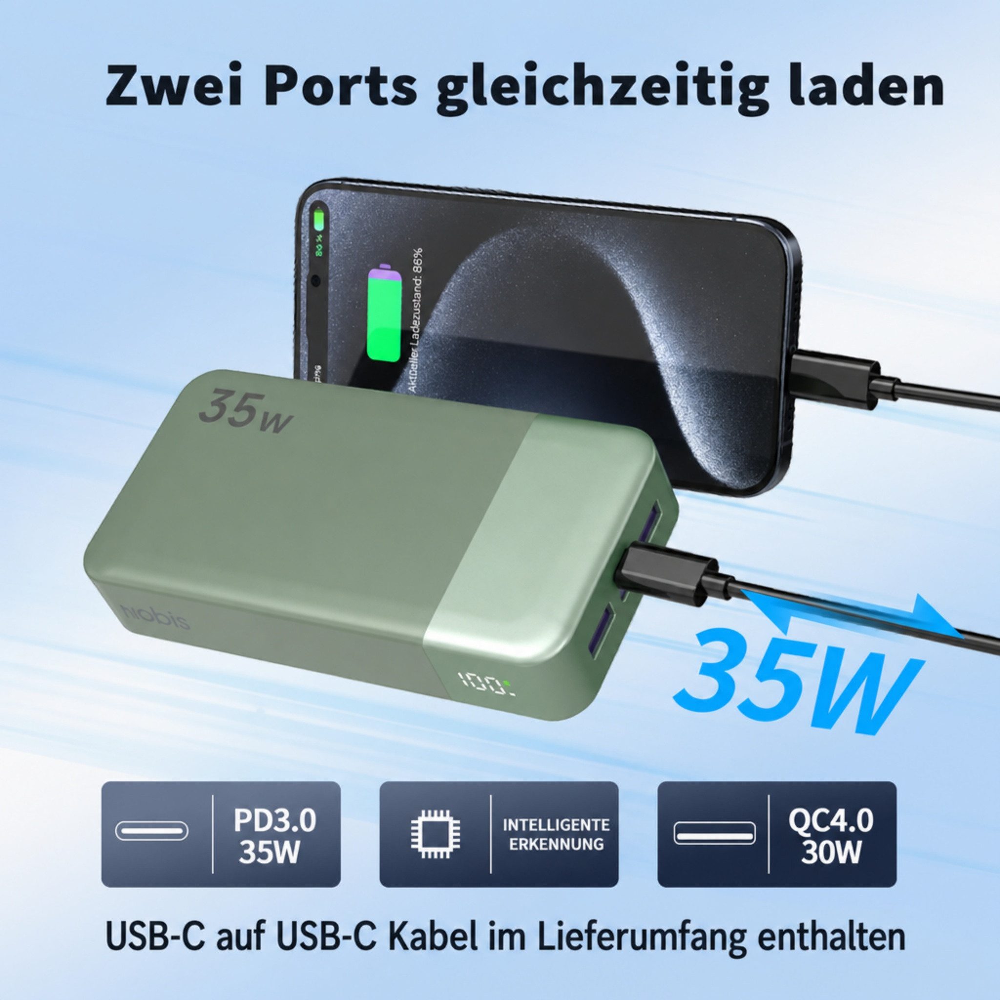NOBIS Powerbank 20000mAh 35W Schnellladen USB-C/A PD Externer Akku Tragbare Powerbank (5 V), Schnelllade Powerbank, LED Anzeig, für Laptop Smartphone Tablet Reise
