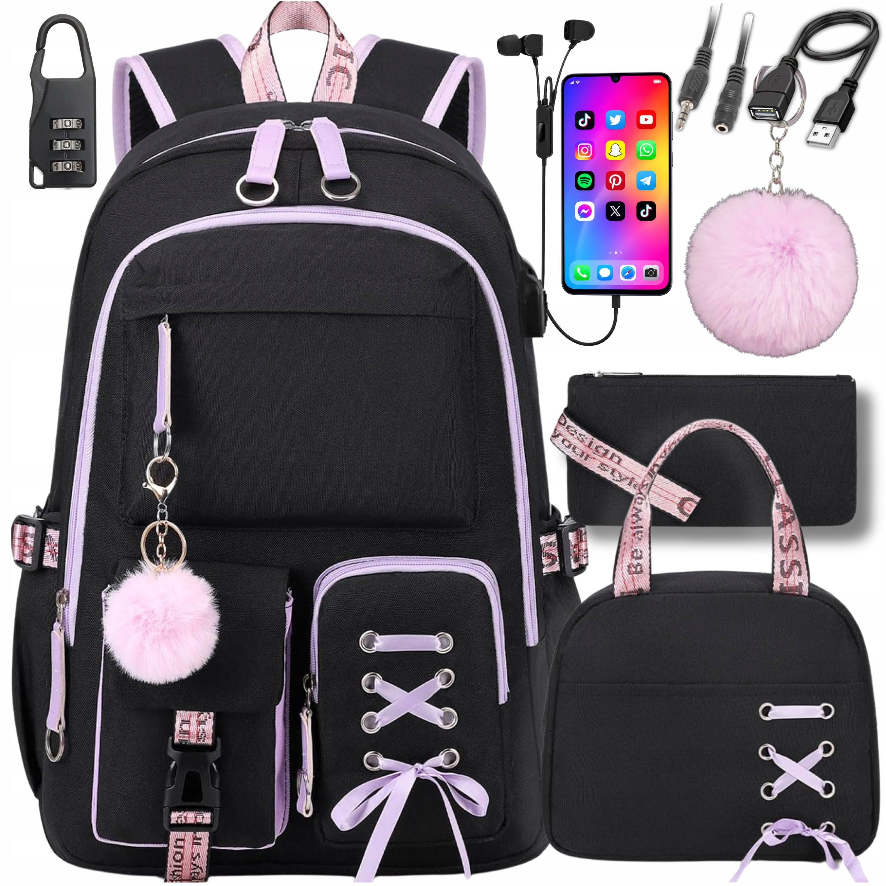 Festivalartikel Schulrucksack Schulrucksack Set 7in1 mit Mäppchen Lunchbag USB Kopfhörer Schwarz (1-tlg)