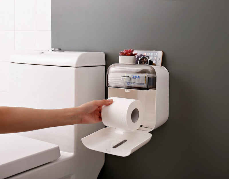 Creliv Toilettenpapierhalter »Einfache & Schnelle Montage durch Mega-Klebestreifen (OHNE Bohren)« (aus Kunststoff, 1), Rollenhalter, Klopapierhalter mit Feuchtpapierbox und Handyhalter