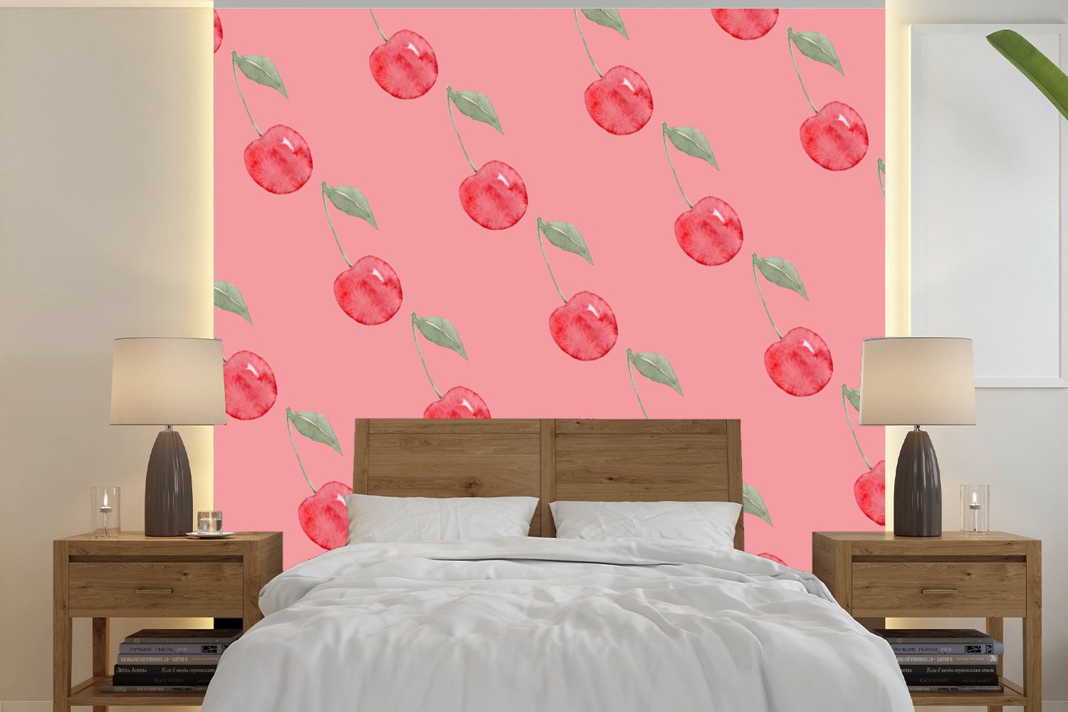 Kirschen Schlafzimmer, (5 bedruckt, oder St), - Vinyl Aquarell Tapete Wohnzimmer Rosa, Fototapete Matt, - MuchoWow Wandtapete für