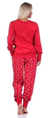 Normann Pyjama Damen Schlafanzug mit Bündchen in maritimer Optik mit Anker als Motiv