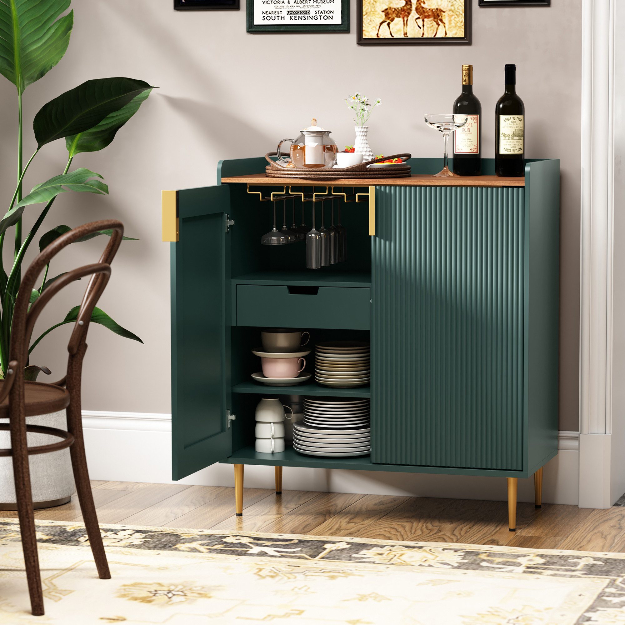 HOLTICO Weinschrank Multifunktionaler Bar-Schrank, moderner Kaffeetresen-Schrank (1-St) mit 9 Flaschenregalen, 6 Glas-Halterungen, Schublade & Regalen – Bild 4 von 5