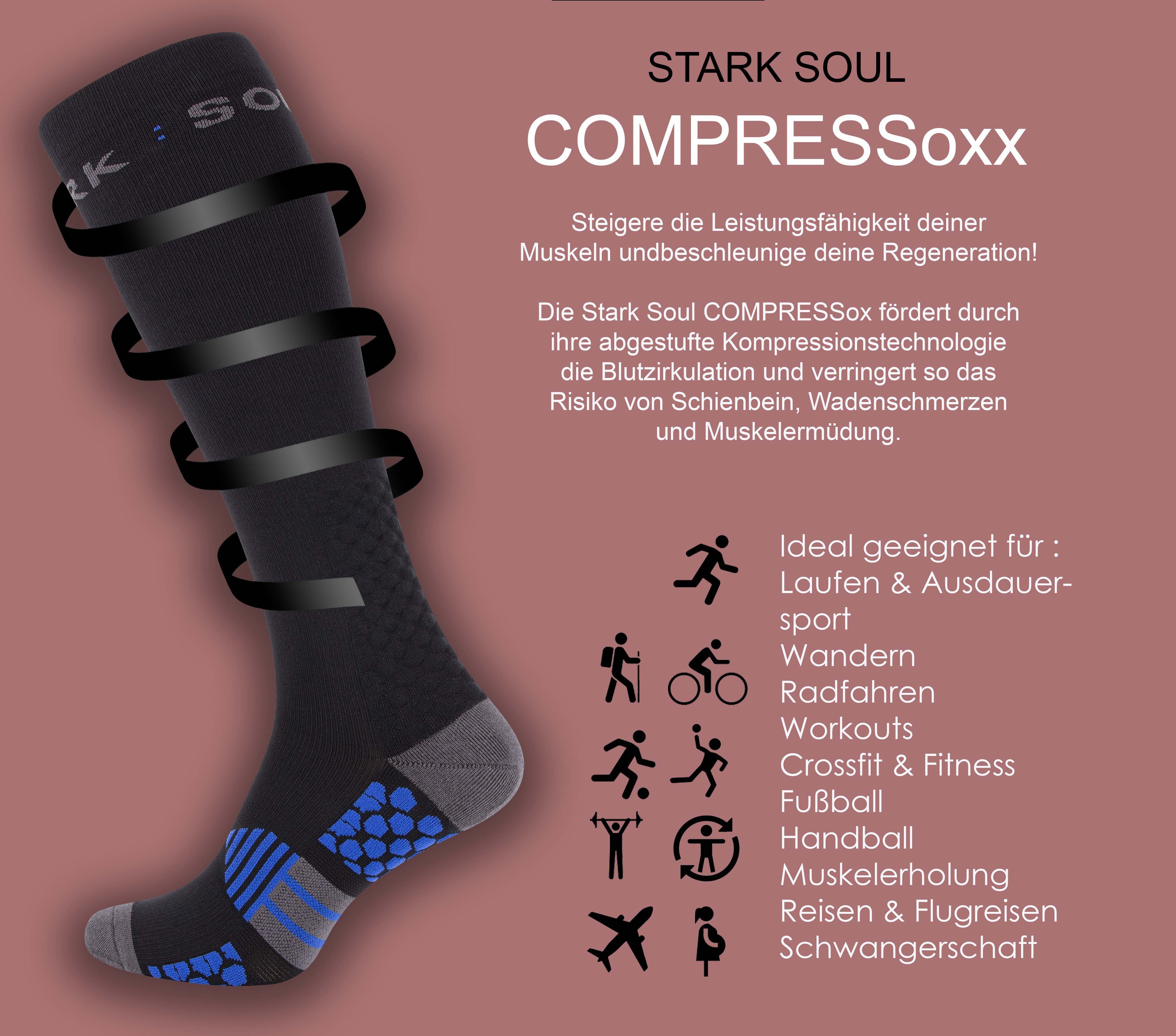 Stark Soul® Sportsocken COMPRESSoxx – Unisex Kompressions-Sportsocken Laufen, Fitness & Reisen (1 Paar) mit abgestufter Kompression und speziellen Polsterungen