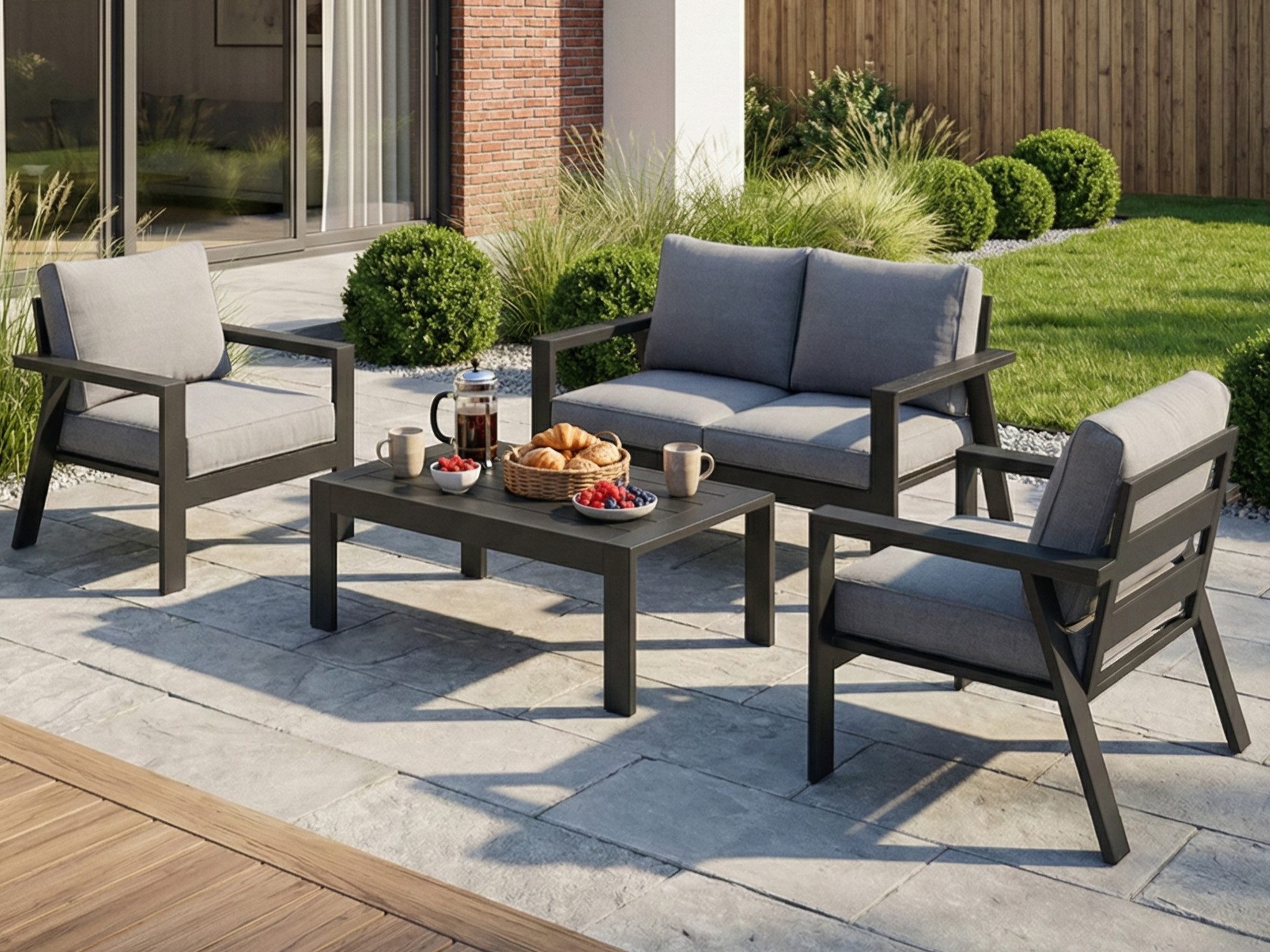 MeXo Gartenlounge-Set Balkonmöbel Set 4 Personen Aluminium Wetterfest, (Belastbarkeit pro Sitzplatz 140 kg, 4-tlg., mit ergonomischen Sesseln und extra dicken Kissen), Lounge Sofa outdoor mit bequemer Neigung der Lehne Gartensofa