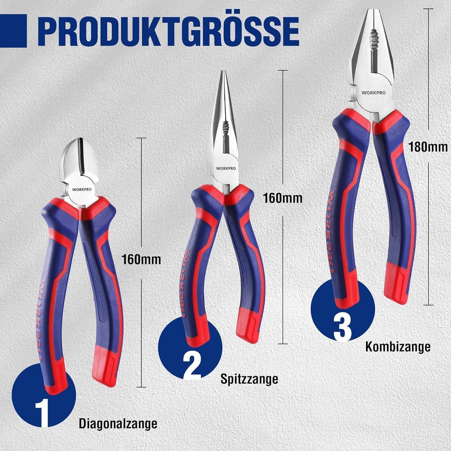 LuxusKollektion Zangenset Zangen Set 3tlg. Kombizange 180mm Spitzzange 160mm Seitenschneider