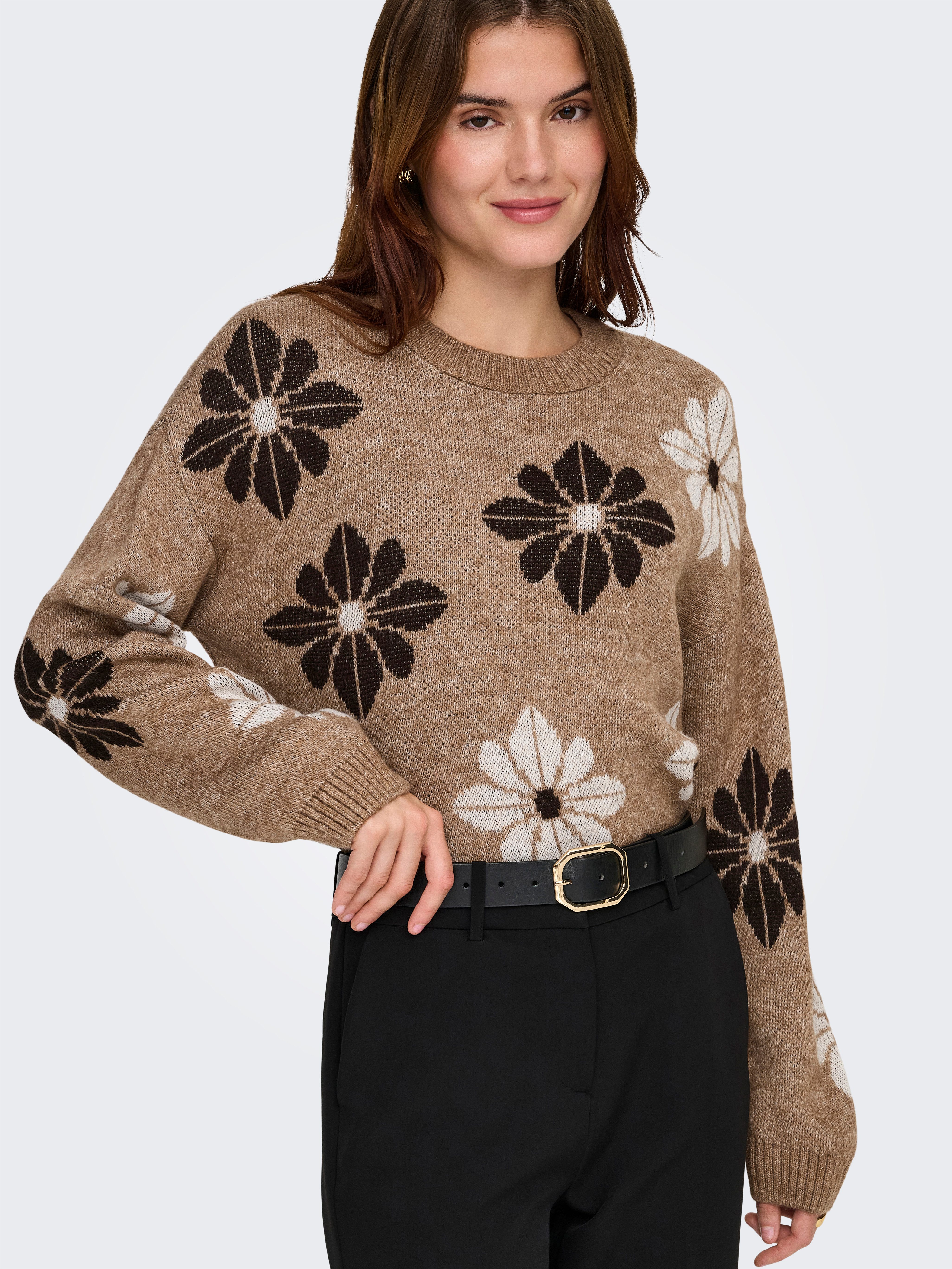 ONLY Rundhalspullover ONLFREESIA LS FLOWER O-NECK RP KNT mit Blümchen - Str günstig online kaufen