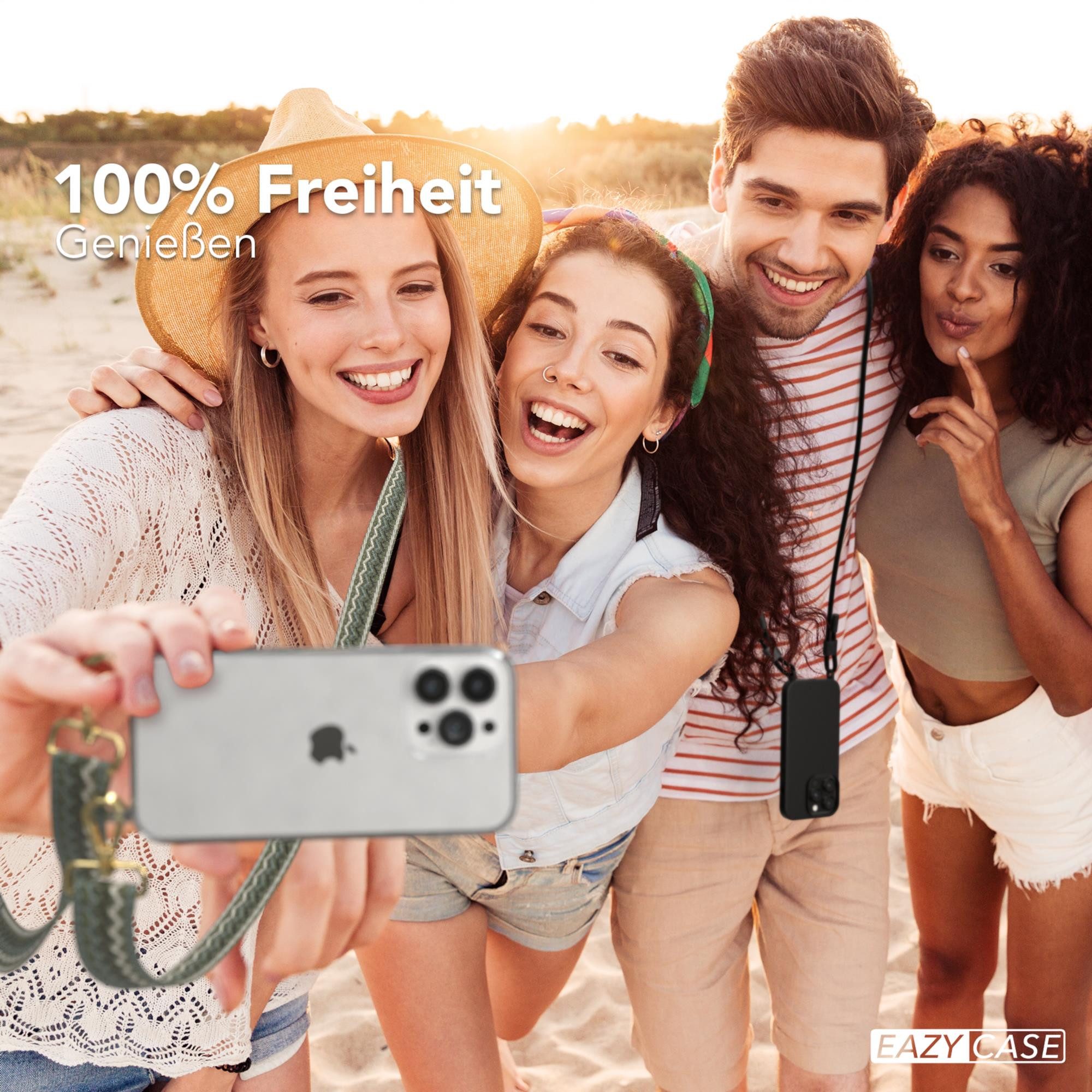 EAZY CASE Handykette Boho Umhängeband für Apple iPhone 13 Pro 6,1 Zoll, Verstellbarer Trageriemen Wave Case transparent DIY Gürteltasche Grün