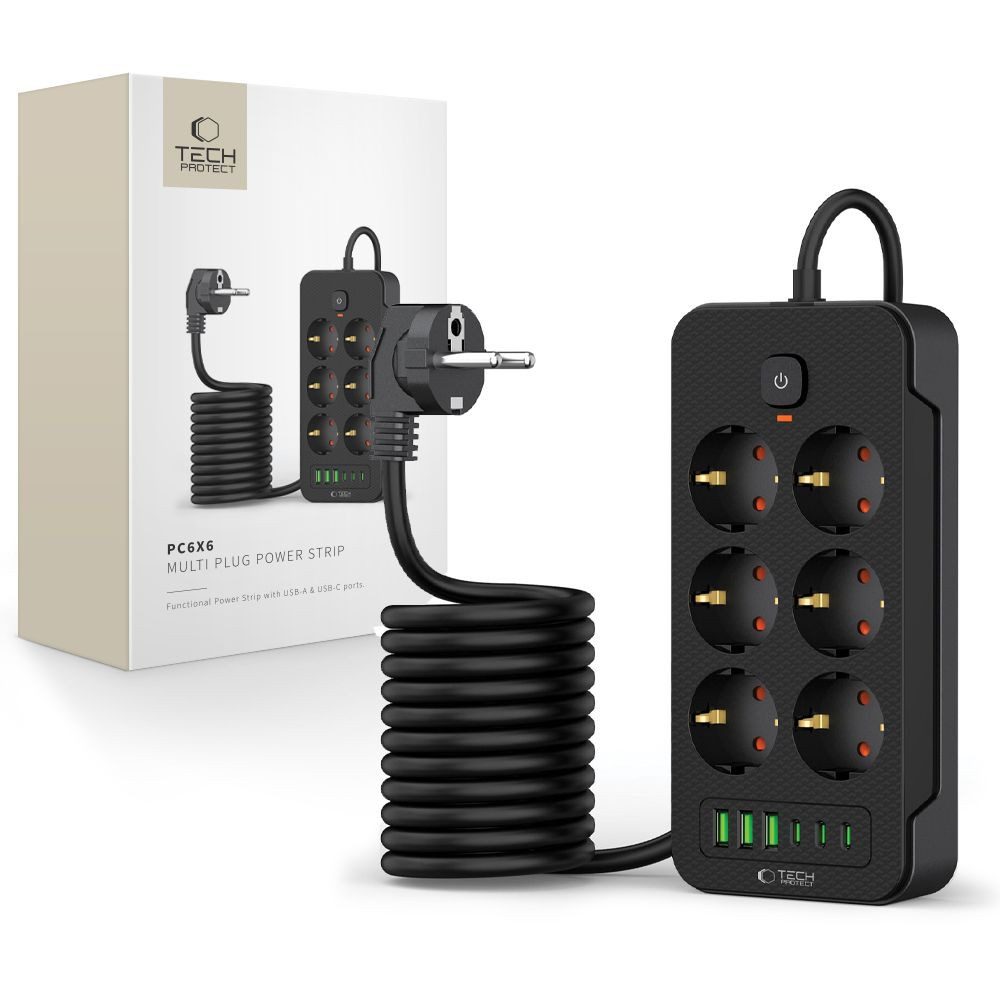 TECH PROTECT Tech-Protect PC6X6 Steckdosenleiste USB-A/C 200cm Schwarz Smartphone-Ladegerät