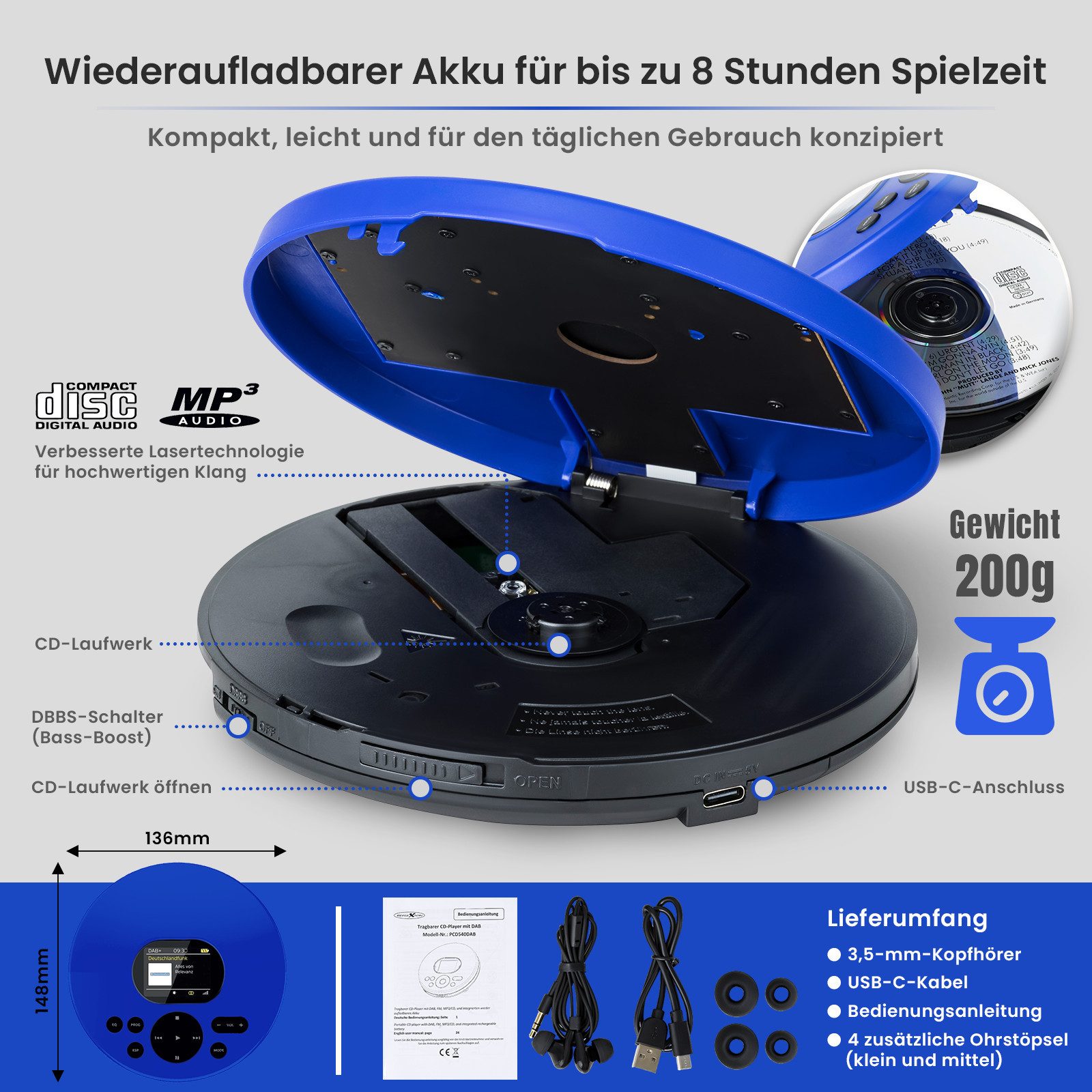 Reflexion PCD540DAB CD/MP3-Player mit DAB+ Digitalradio tragbarer CD-Player (LCD-Farbdisplay, Hörbuchfunktion, Ohrhörer, 8 Std. Akkulaufzeit)