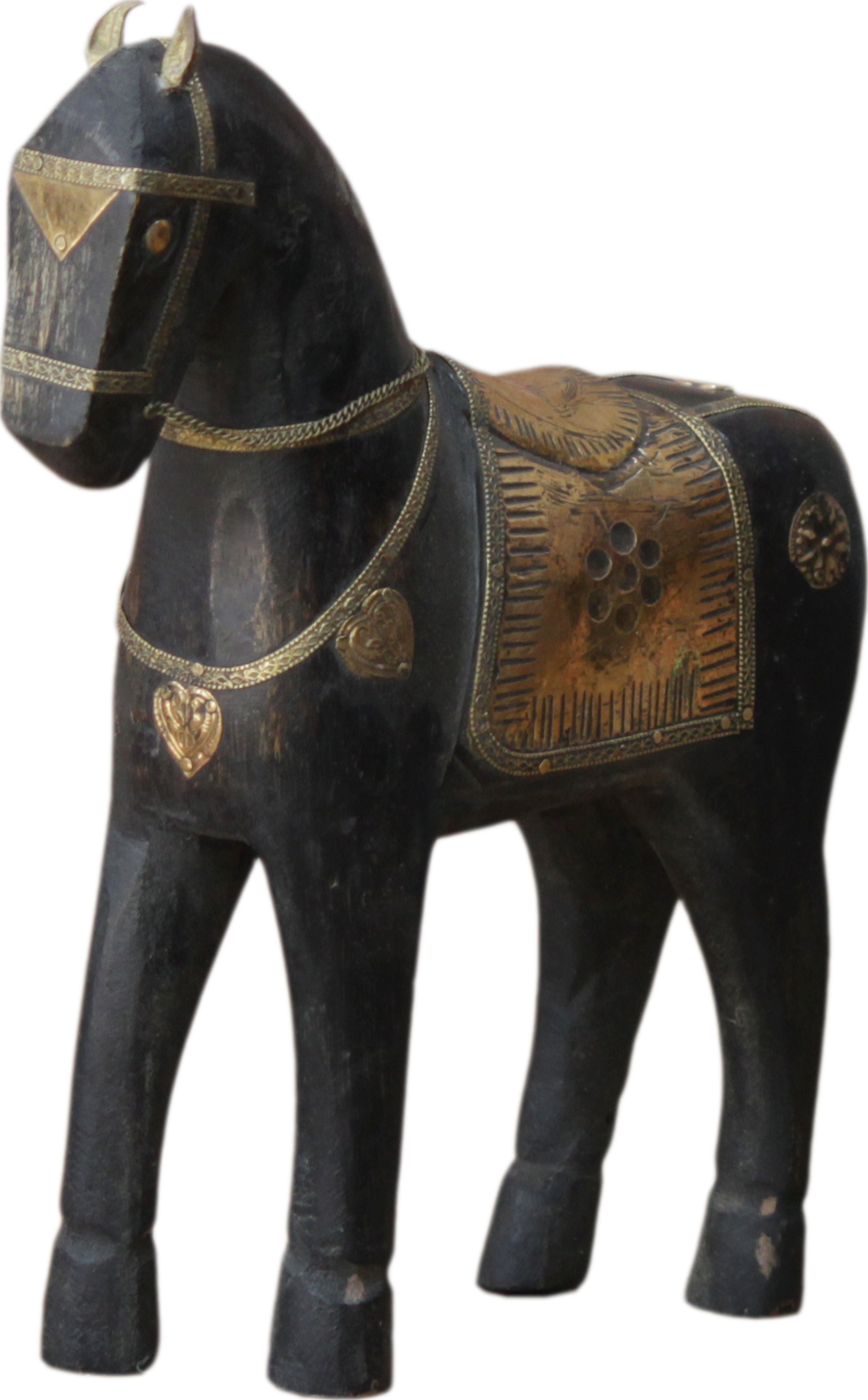 Guru-Shop Dekofigur Deko -.. Pferd geschnitzt Messingornamenten mit