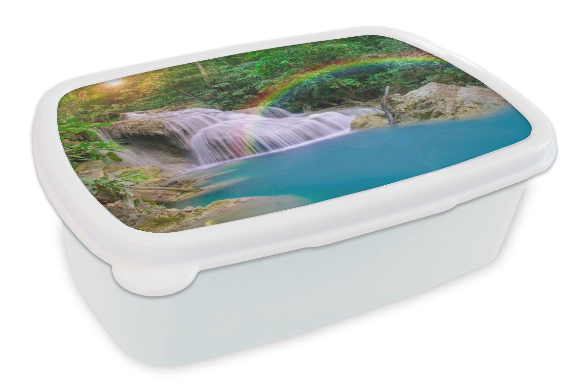 MuchoWow Lunchbox Regenbogen - Sonne - Wasserfall - Natur, Kunststoff, (2-tlg), Brotbox für Kinder und Erwachsene, Brotdose, für Jungs und Mädchen weiß