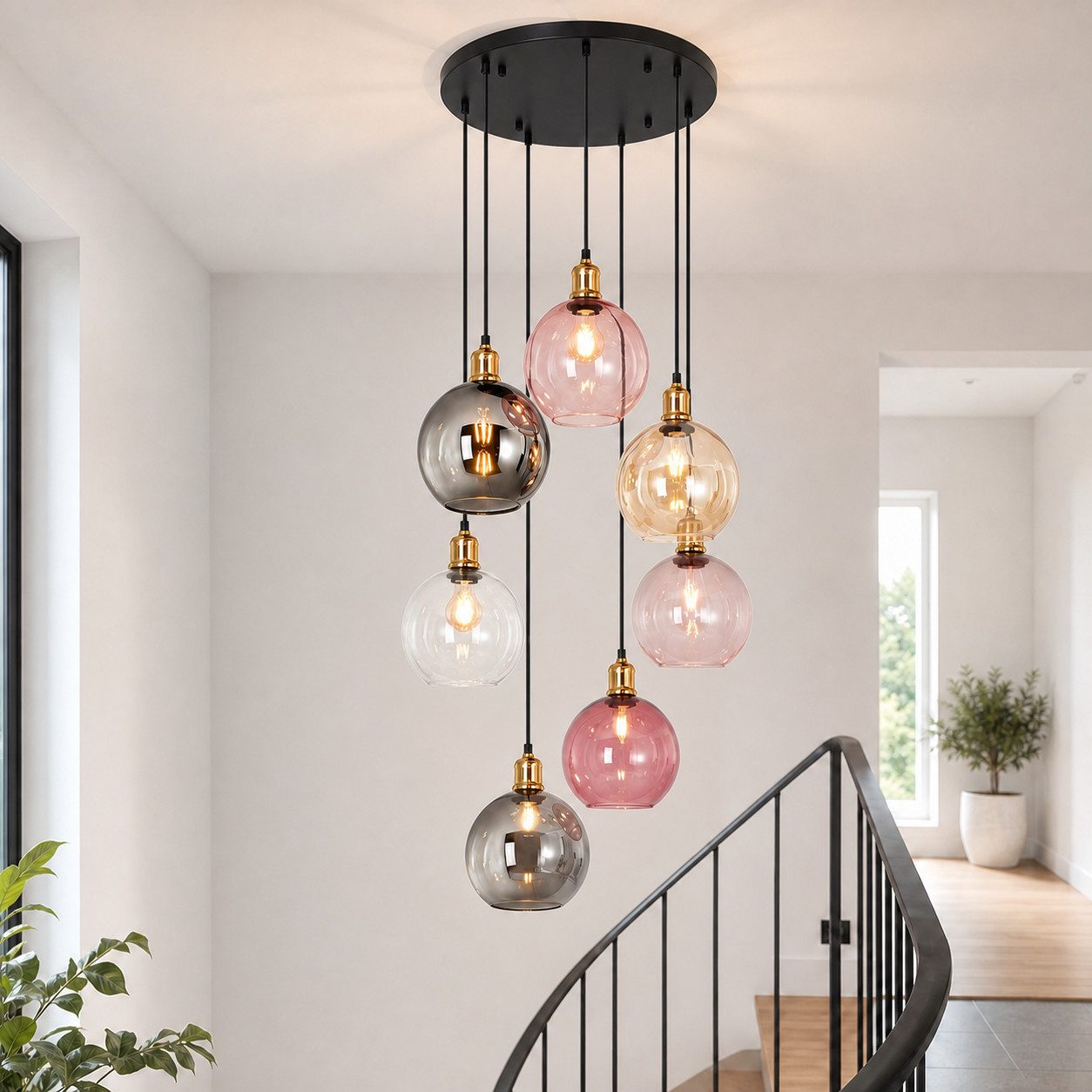 ZMH Pendelleuchte 5/7 Köpfe, mehrfarbiges Design, E27, höhenverstellbar, ohne Leuchtmittel, 170-190cm verstellbar, ø20cm, ohne Leuchtmittel