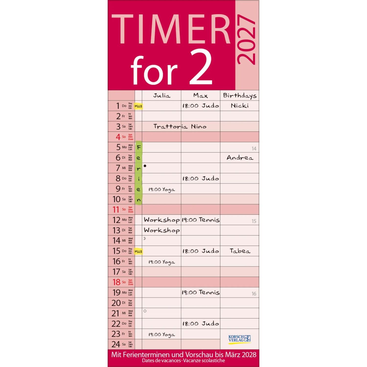Korsch Verlag Wandkalender Timer for 2 Lifestyle 2027