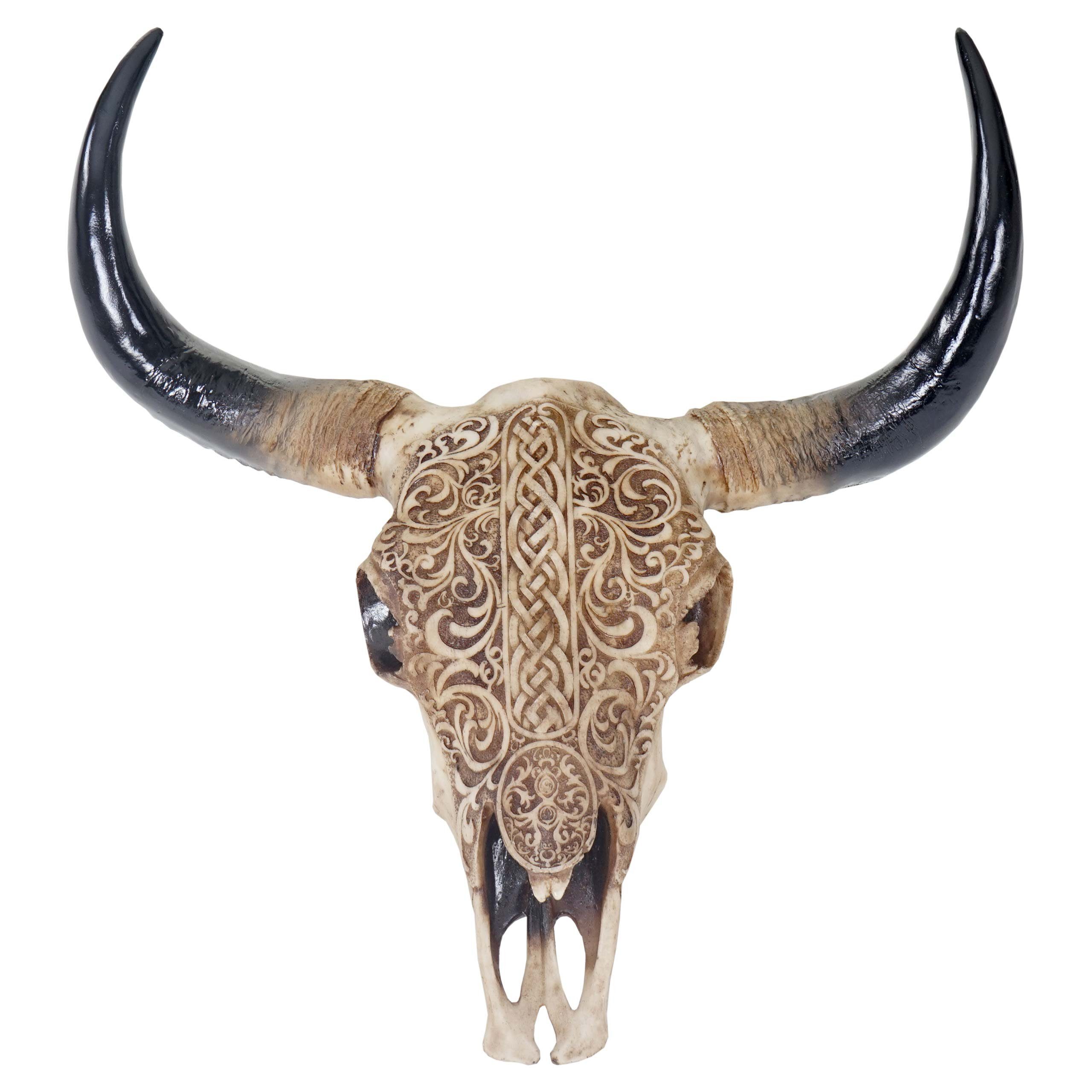 MCW Wanddekoobjekt Stier Skull Tribal-45, Indoor/Outdoor-geeignet, Witterungsbeständig, Frostbeständig bis -10° C, Hohe Bruchfestigkeit