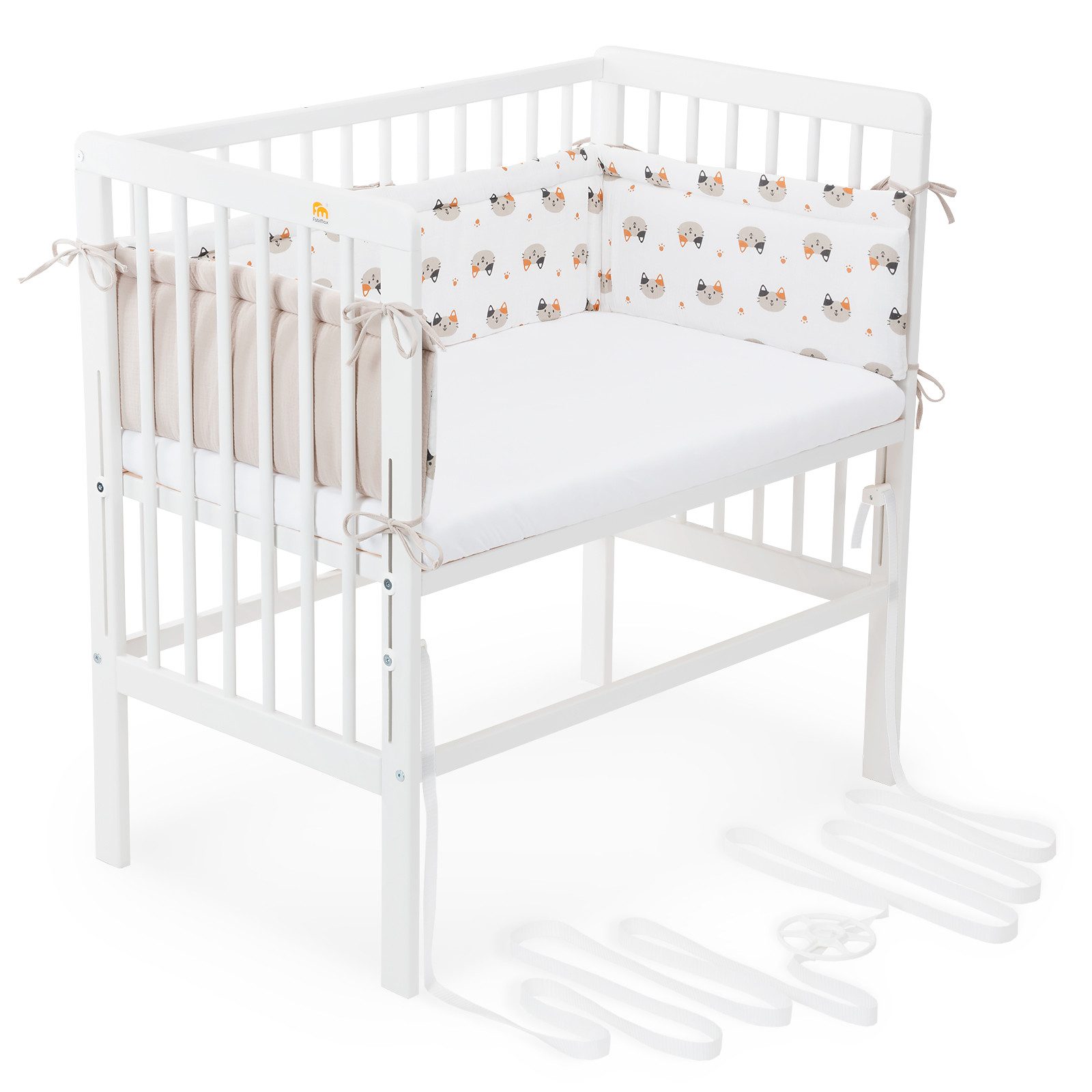 FabiMax Beistellbett Babybett Boxspring weiß lackiert, 90 x 55 cm Liegefläche, aus Buchenholz, Stufenlos höhenverstellbar 40-73 cm, Holz-Lattenrost