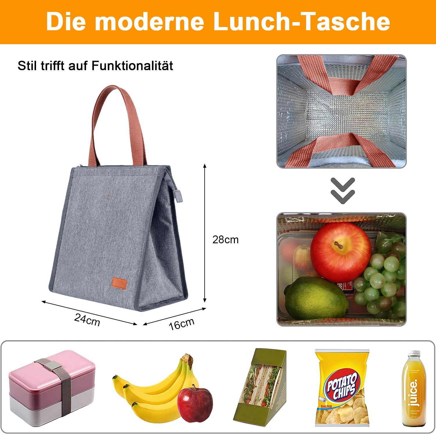 HEYHIPPO Einkaufsshopper Isolierte Lunchtasche–wiederverwendbar, ideal für Arbeit & Reisen,grau, Kühltasche für Mahlzeiten–Thermobeutel für Schule & Büro,24×16×28 cm