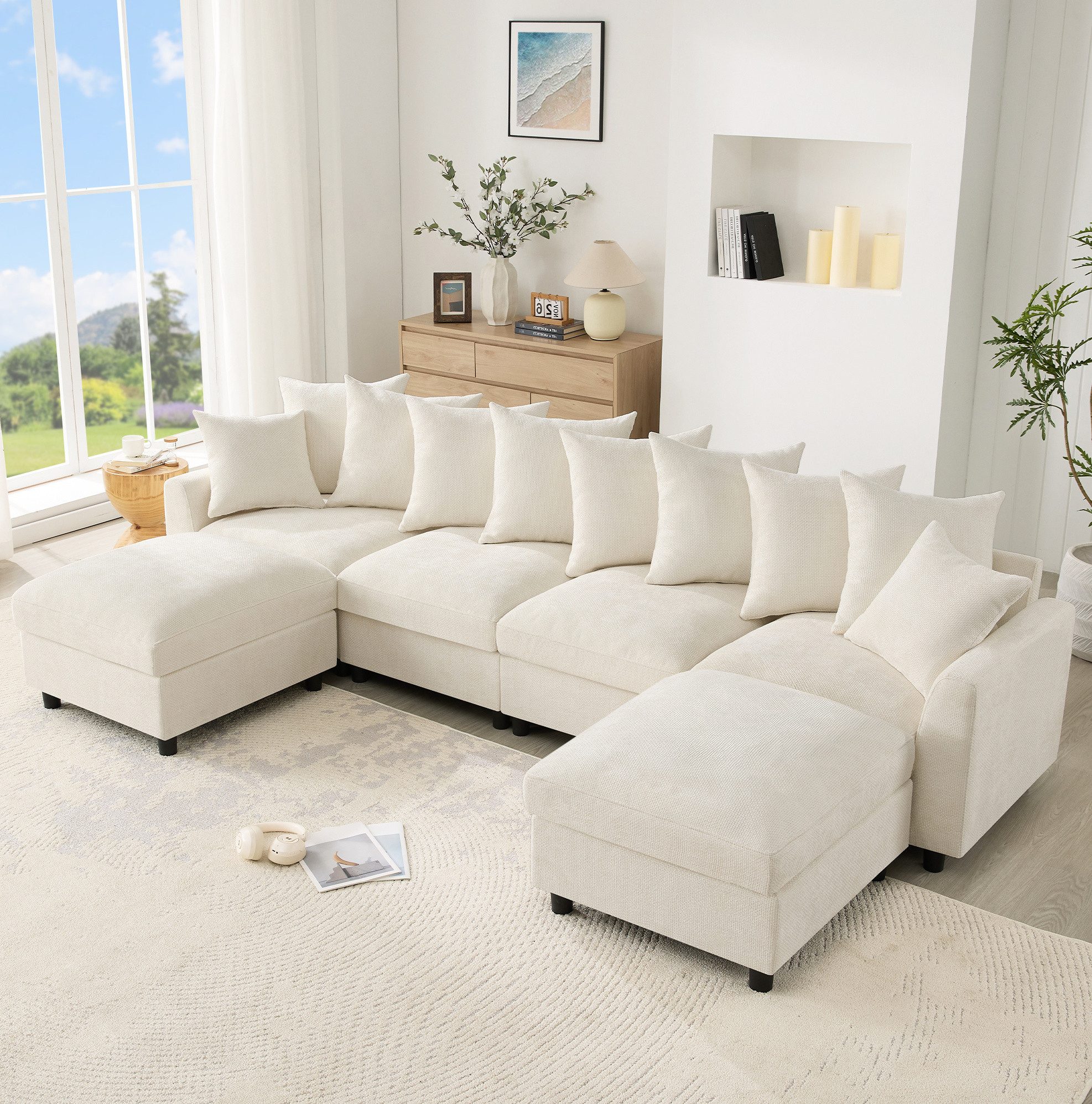 OKWISH Ecksofa Modulares 6-Sitzer-Sofa mit USB & 2 Hockern, 1 Teile, Chenille, 8 Kissen, flexible U-/L-Form