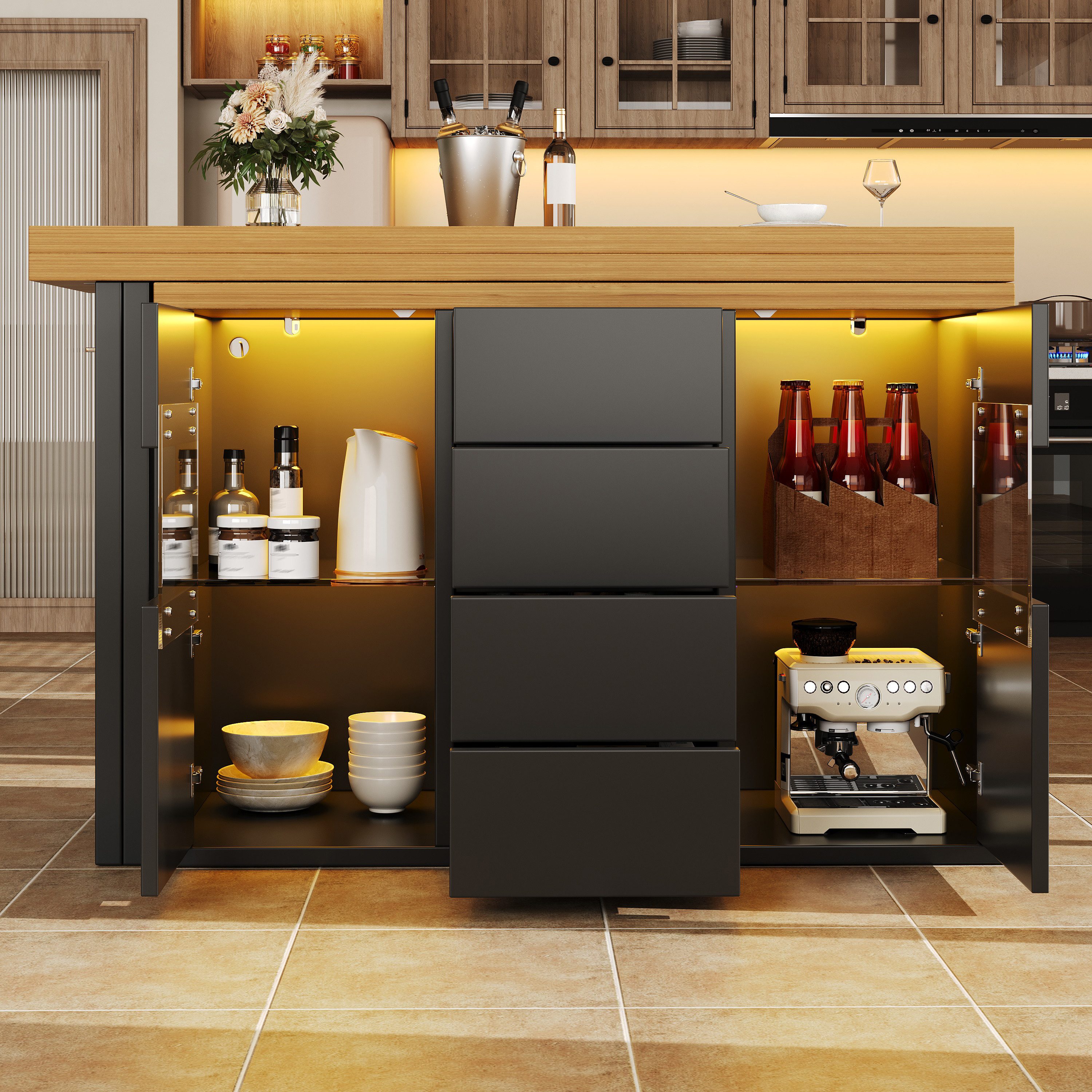 Flieks Kücheninsel mit 360° drehbarer und klappbarer Arbeitstisch, LED-Beleuchtung, (Holzoptik Tischplatte Tiefe 40-80cm, Längenverstellbar 120-197cm), ausziehbar Esstisch & Mehrzweckschrank, verstellbar Glaseinlegeböden