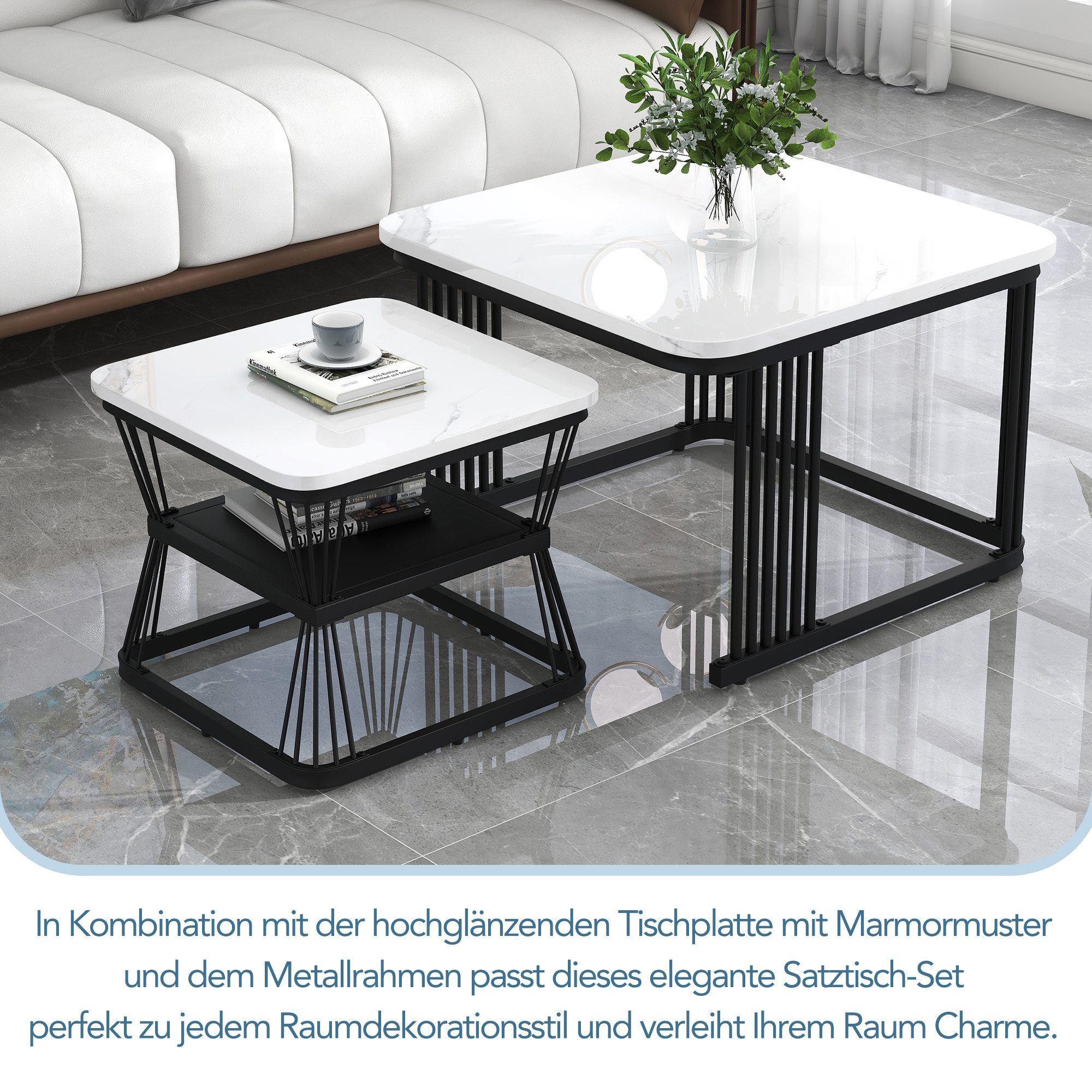 Merax Couchtisch im Marmoroptik mit Metallrahmen (2er Set), hochglanz Beist günstig online kaufen