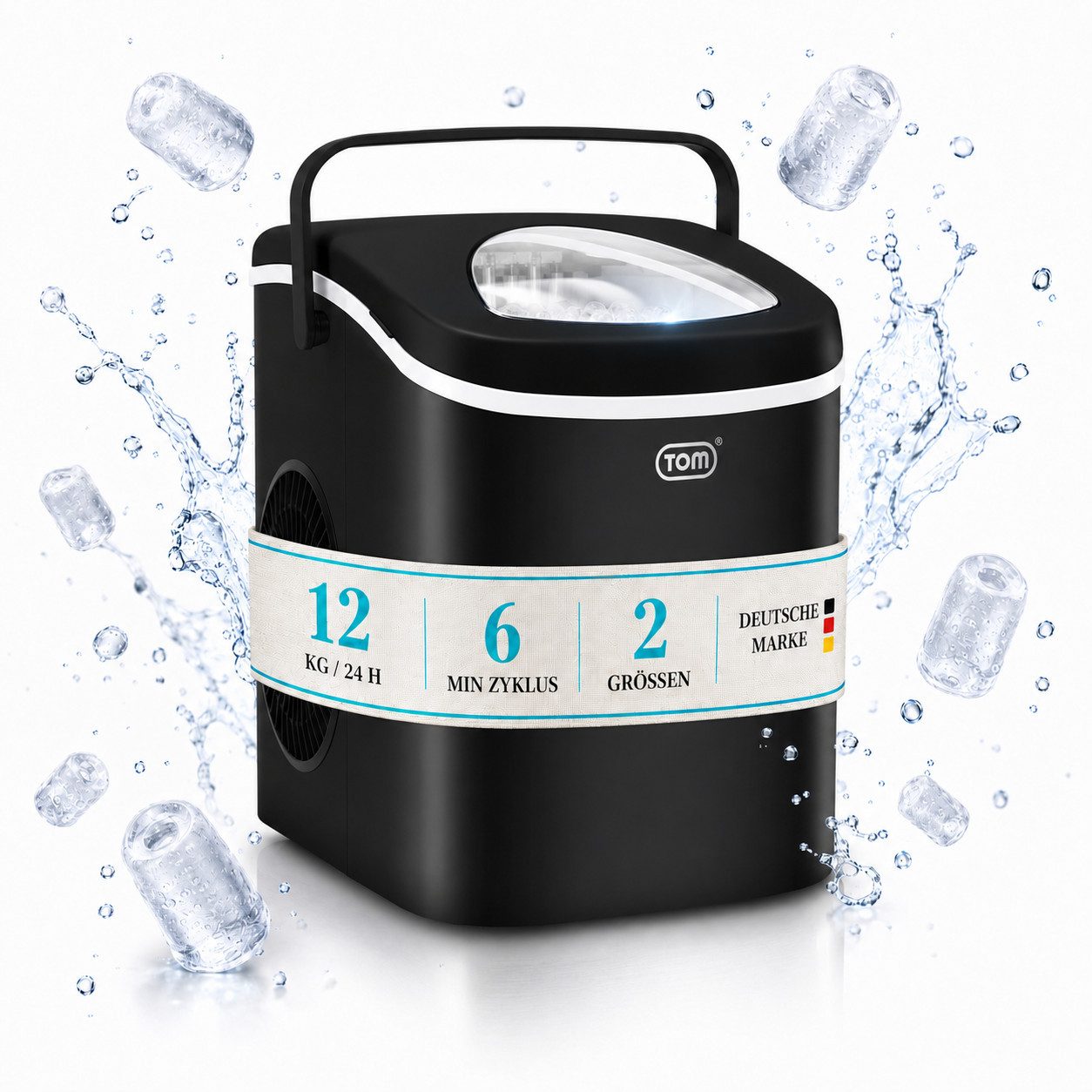 TOM Eiswürfelmaschine Eiswürfelbereiter 1,3L inklusive Eiszange, 12kg in 24h, Eismaschine, Herausnehmbarer Korb, Schwarz, Sichtfenster