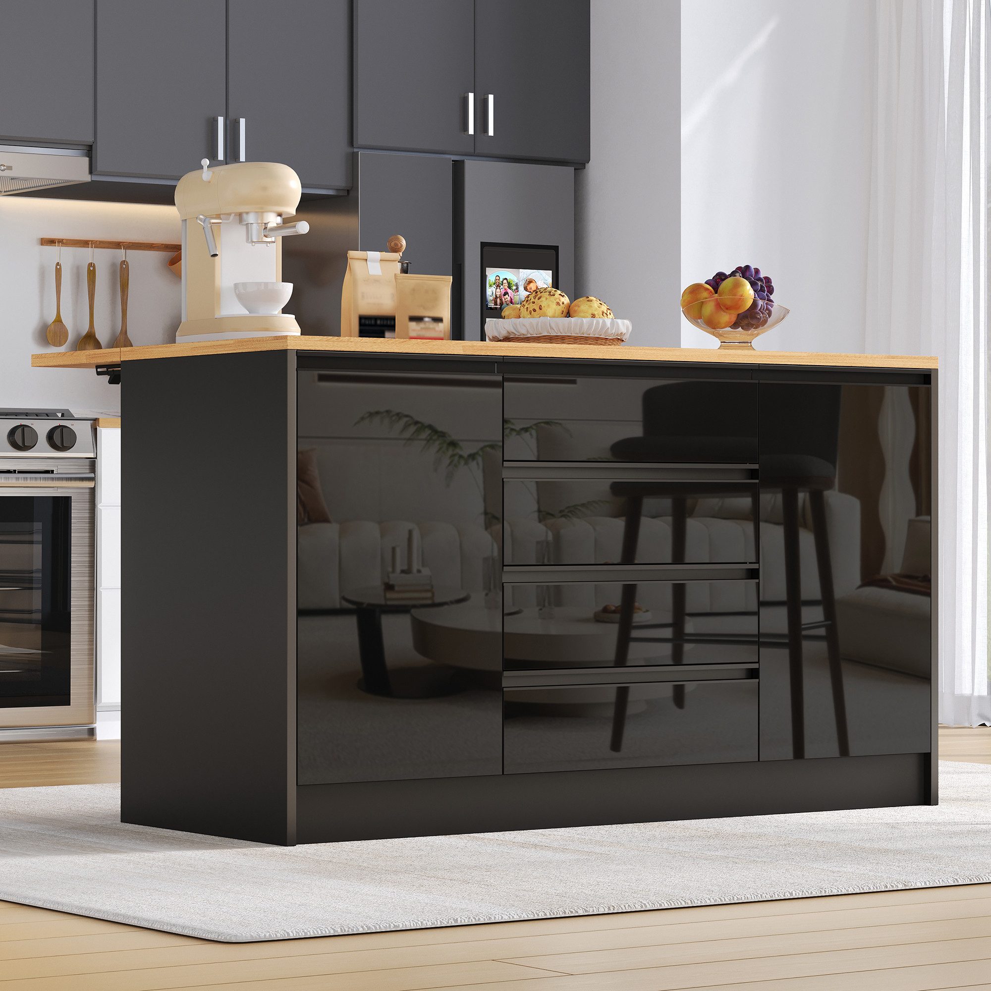 Flieks Kücheninsel mit klappbarer Arbeitsplatte in Holzoptik, 4 Schubladen und Türablagen, (mit verstellbarer Einlegeböden und verdeckter Aluminiumgriffe), Multifunktional Küchenschrank Mehrzweckschrank Hochglanz Schwarz