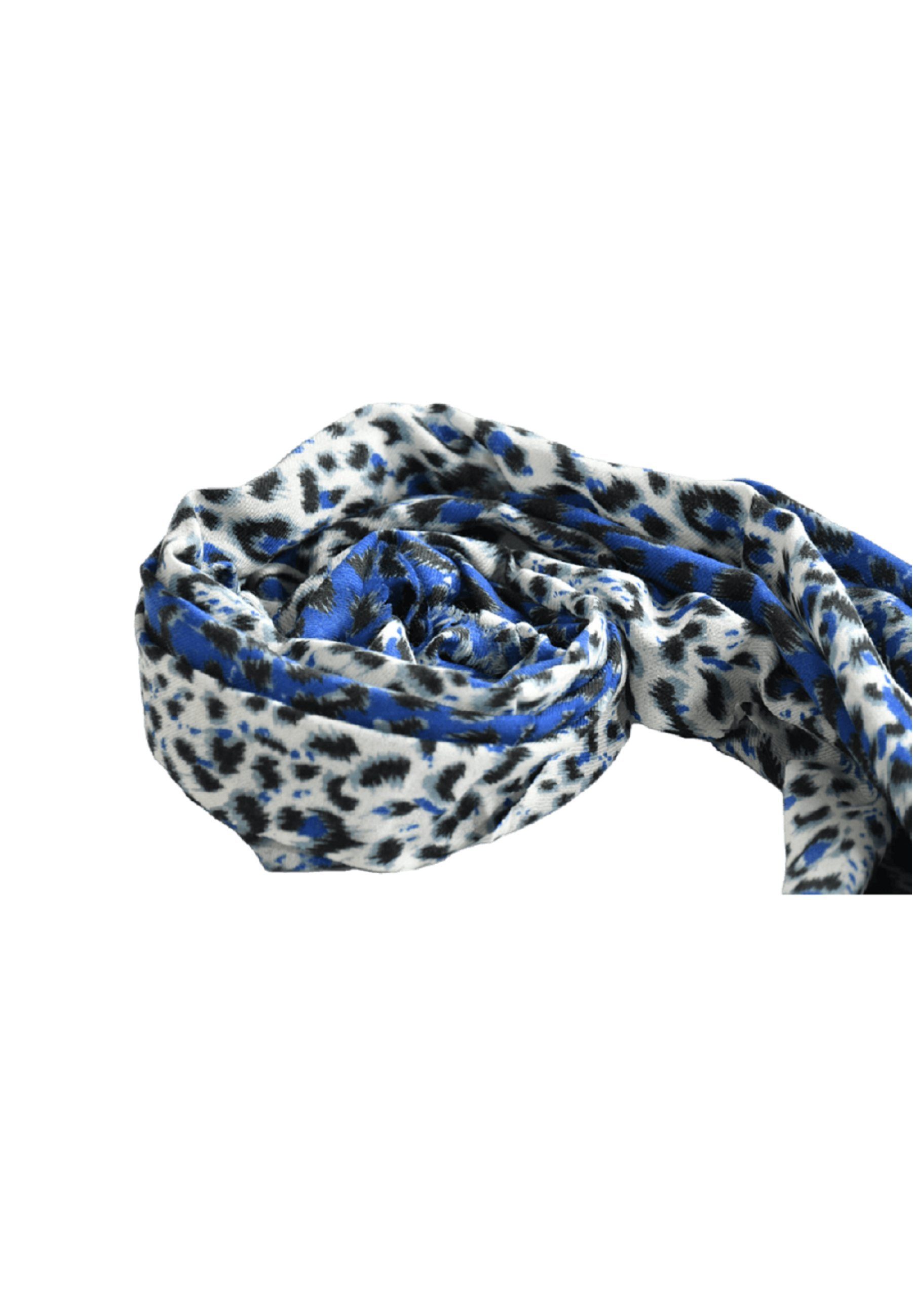 Leopardendruck, mit Schurwollen- Fransen Seidenmix Schal, blau Wollschal Chilli & Blue Home Bedruckter