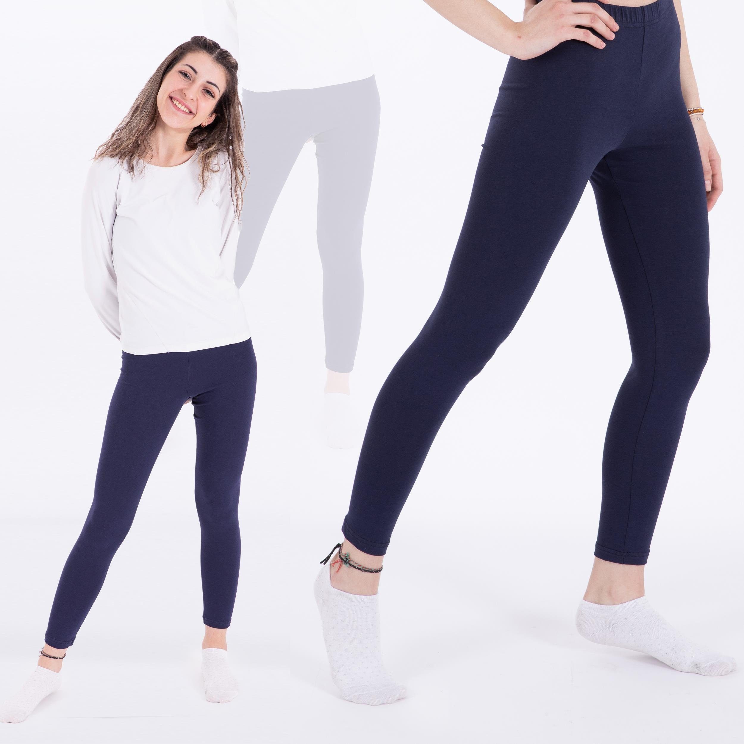 Leggings Leggings blickdicht Dunkelblau LOREZA Freizeithose elastischer Set Mädchen elastisc Bund lang Baumwolle 3 (3-tlg)