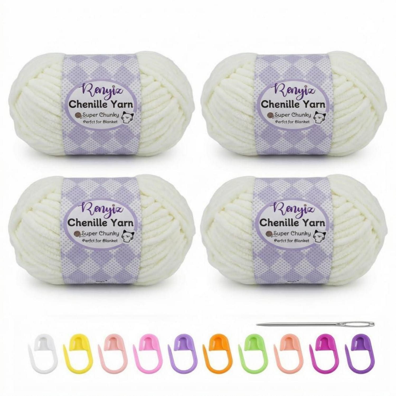 LuxusKollektion Chenille Wolle Set 400g 6mm Nadel weiß Häkelwolle, (1-St)