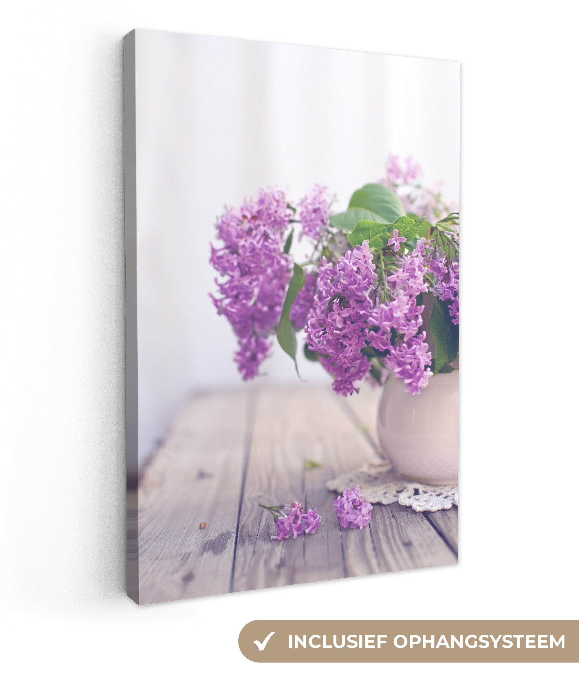 OneMillionCanvasses® Leinwandbild Vase mit einem lila Flieder auf dem Tisch, Fotodruck (1 St), Leinwand Canvas Wandbild, Wanddekoration 20x30 cm