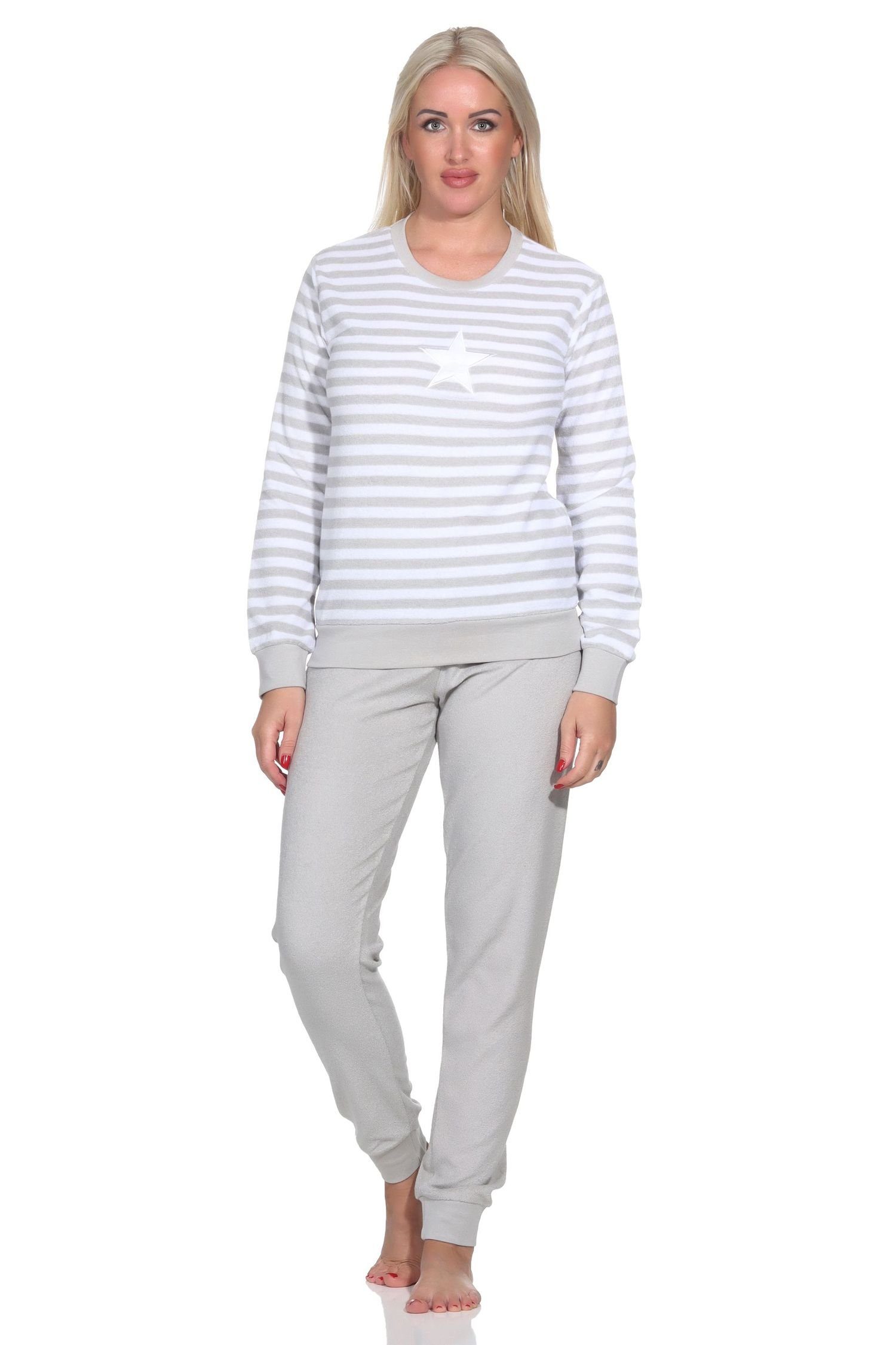 Normann Pyjama Normann Damen Frottee Schlafanzug lang mit Bündchen in Sterne Optik
