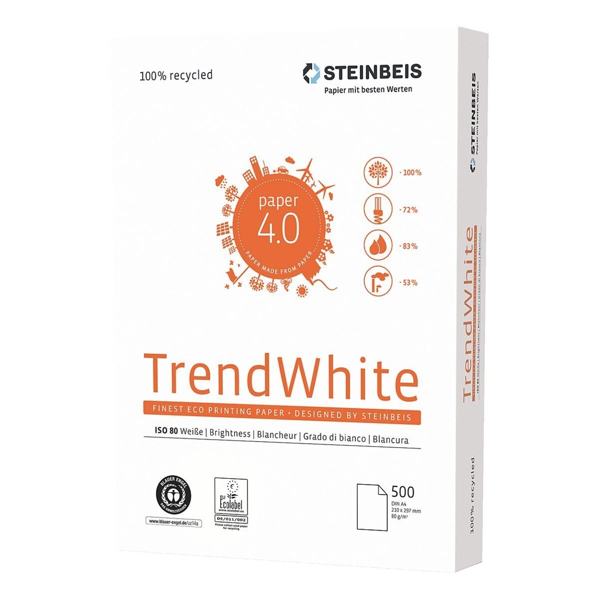 A4, 80 Blatt CIE, White, 500 g/m², STEINBEIS Trend DIN Format 80 Recyclingpapier